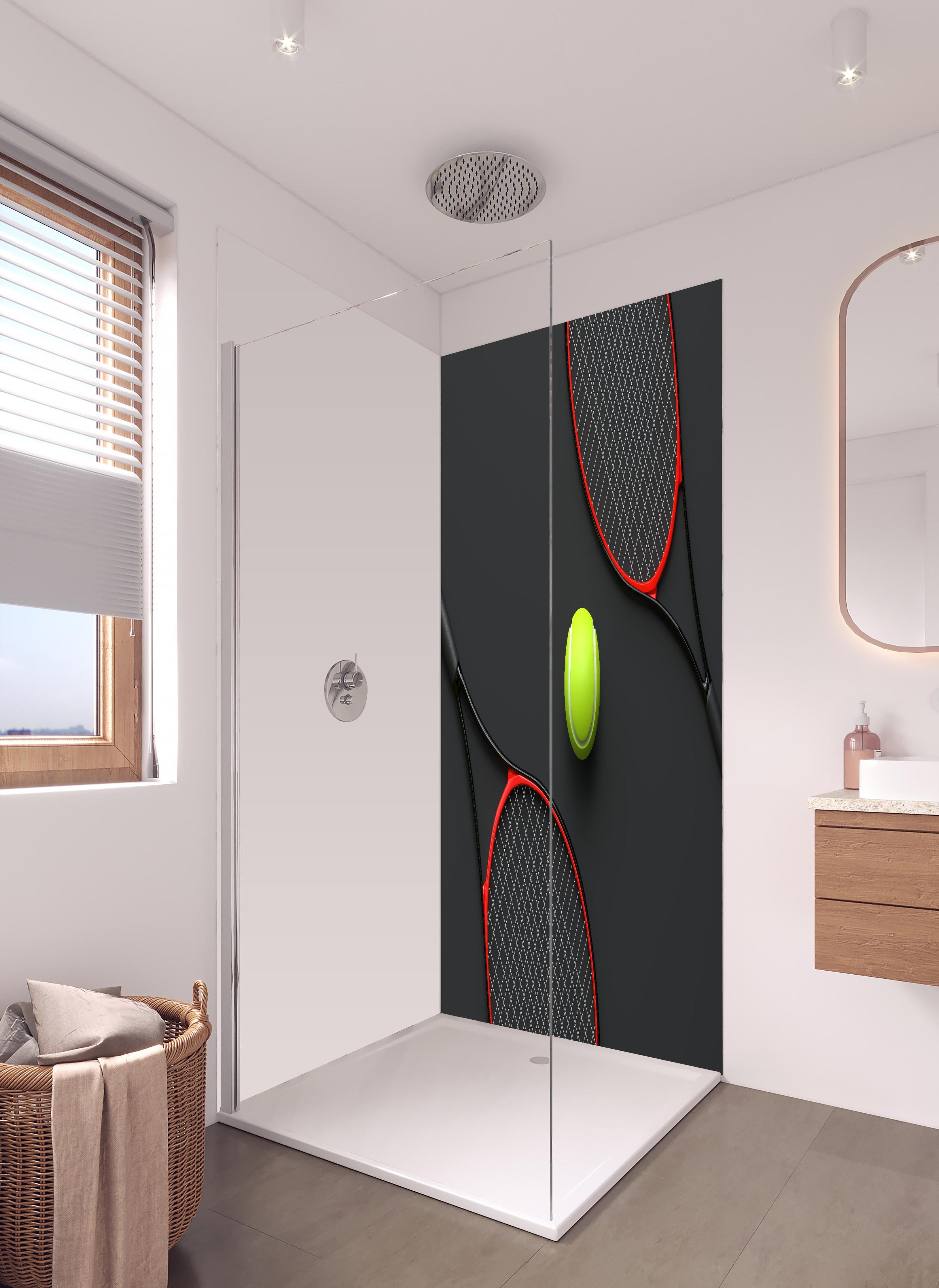 Duschrückwand - Tennis - 3D Render in hellem Badezimmer mit Regenduschkopf - zweiteilige Eck-Duschrückwand