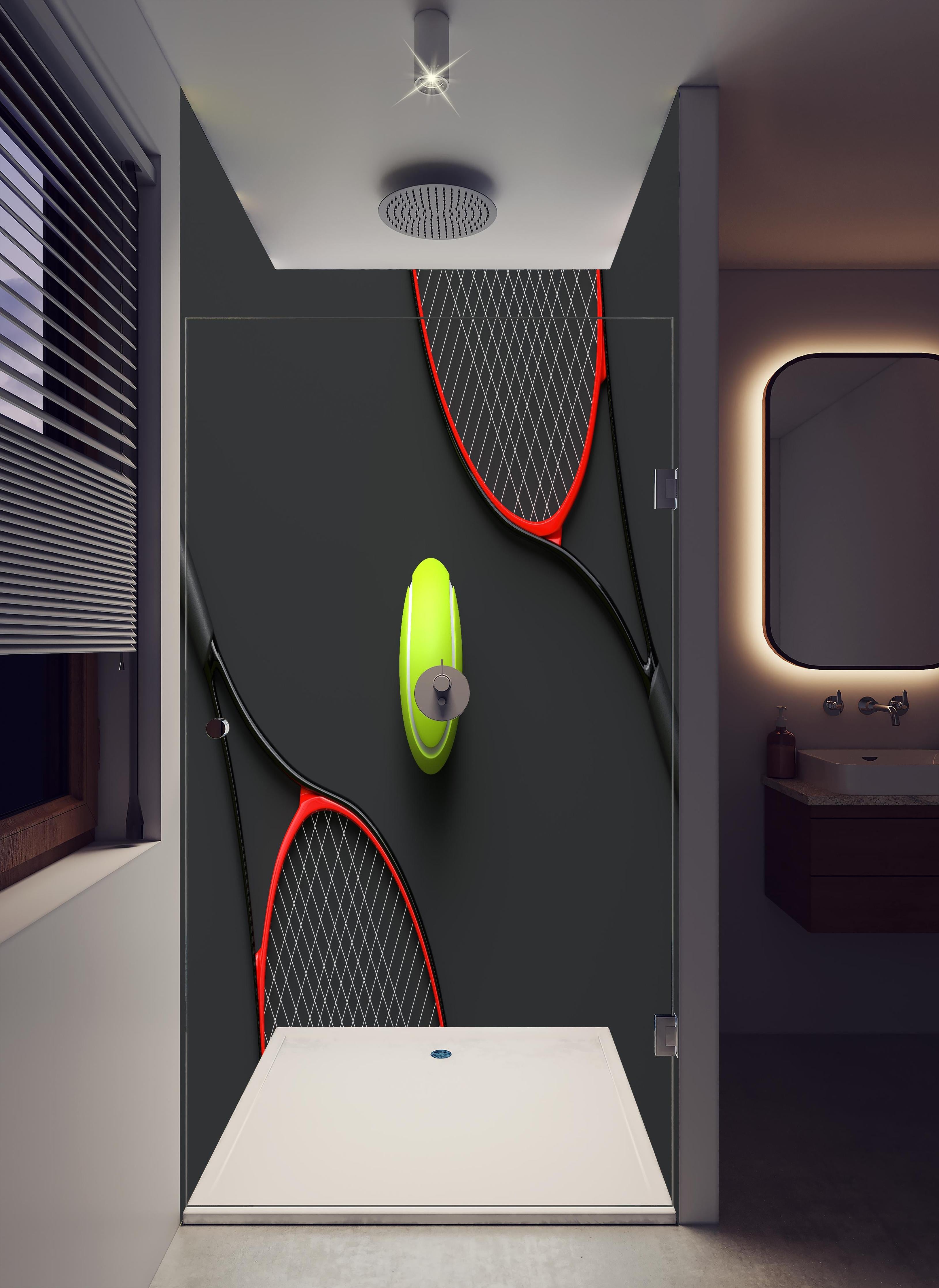 Duschrückwand - Tennis - 3D Render in hellem Badezimmer mit Regenduschkopf - zweiteilige Eck-Duschrückwand