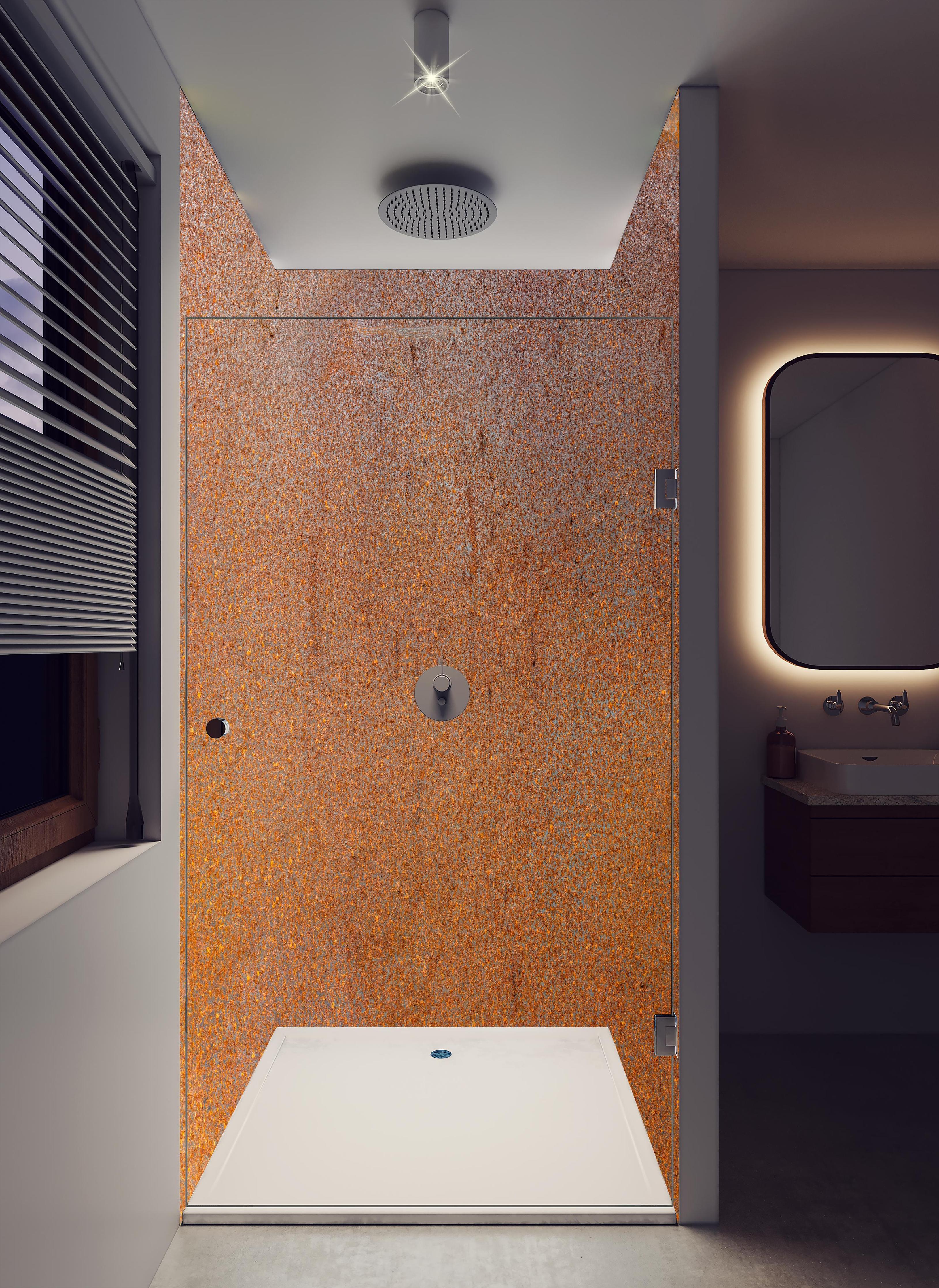 Duschrückwand - Textur von rostigem, bemaltem Stahl in hellem Badezimmer mit Regenduschkopf - zweiteilige Eck-Duschrückwand