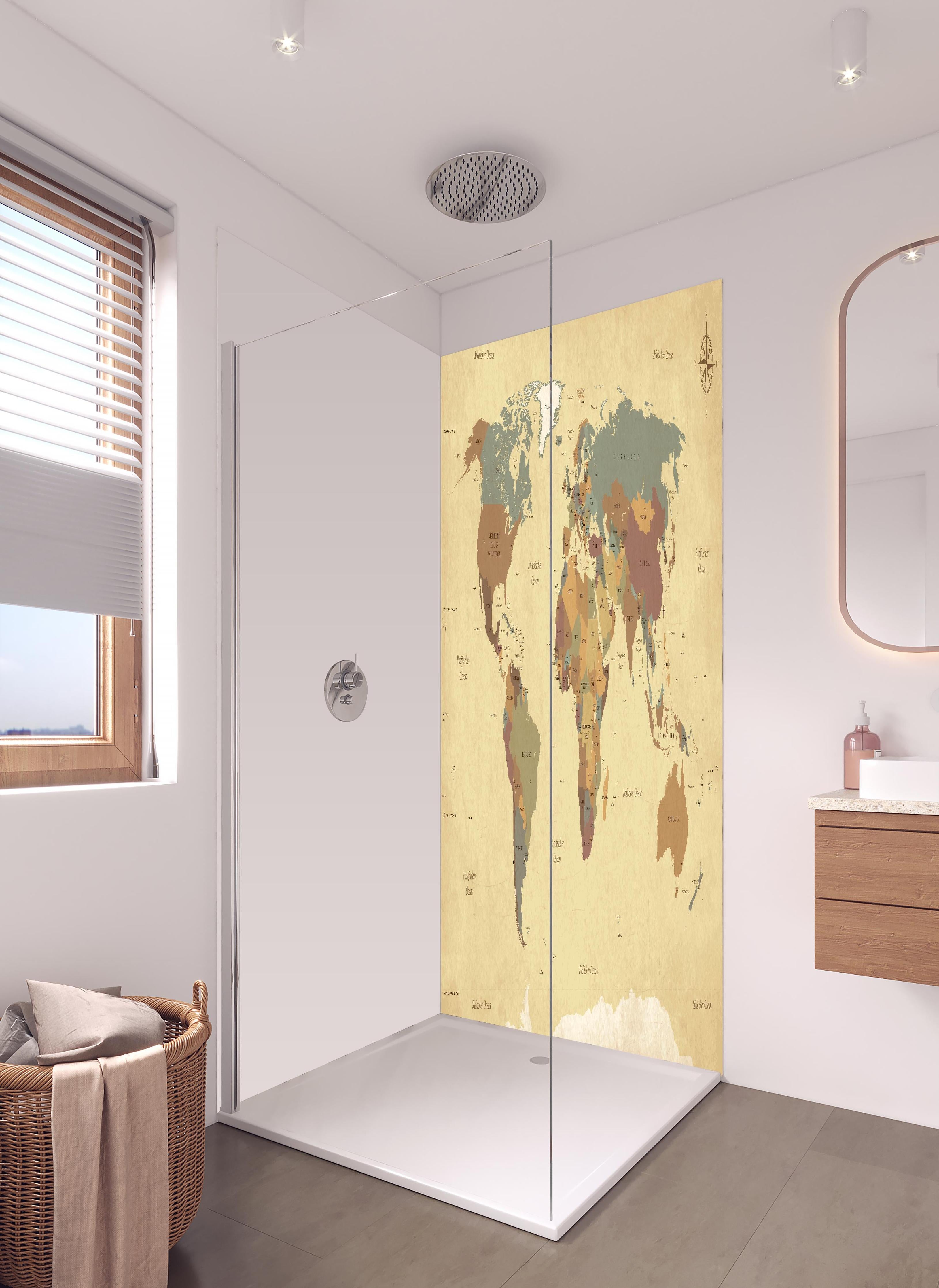 Duschrückwand - Texturierte Vintage Weltkarte in Beigetönen in hellem Badezimmer mit Regenduschkopf - zweiteilige Eck-Duschrückwand