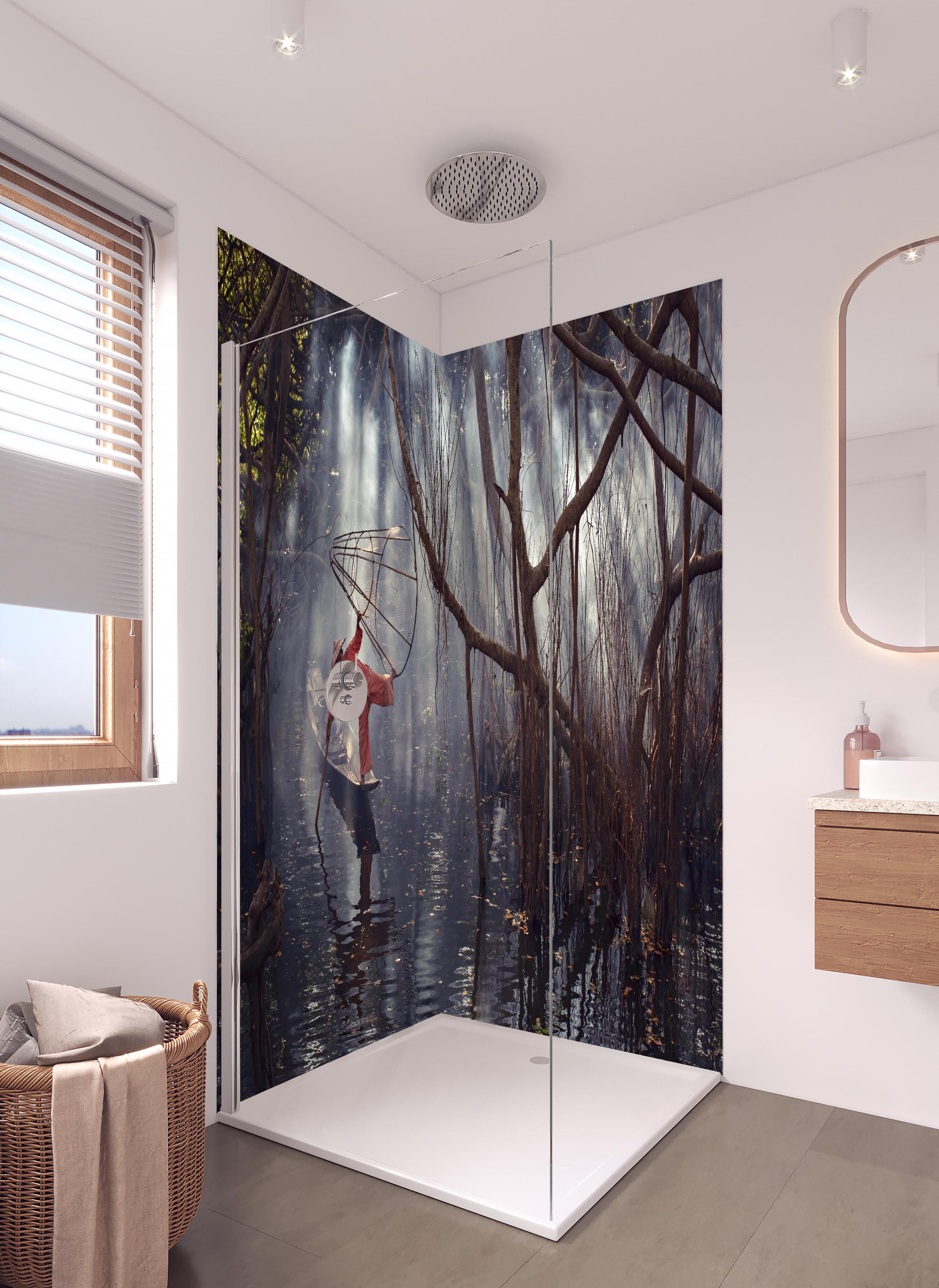 Duschrückwand - Through the light in hellem Badezimmer mit Regenduschkopf - zweiteilige Eck-Duschrückwand