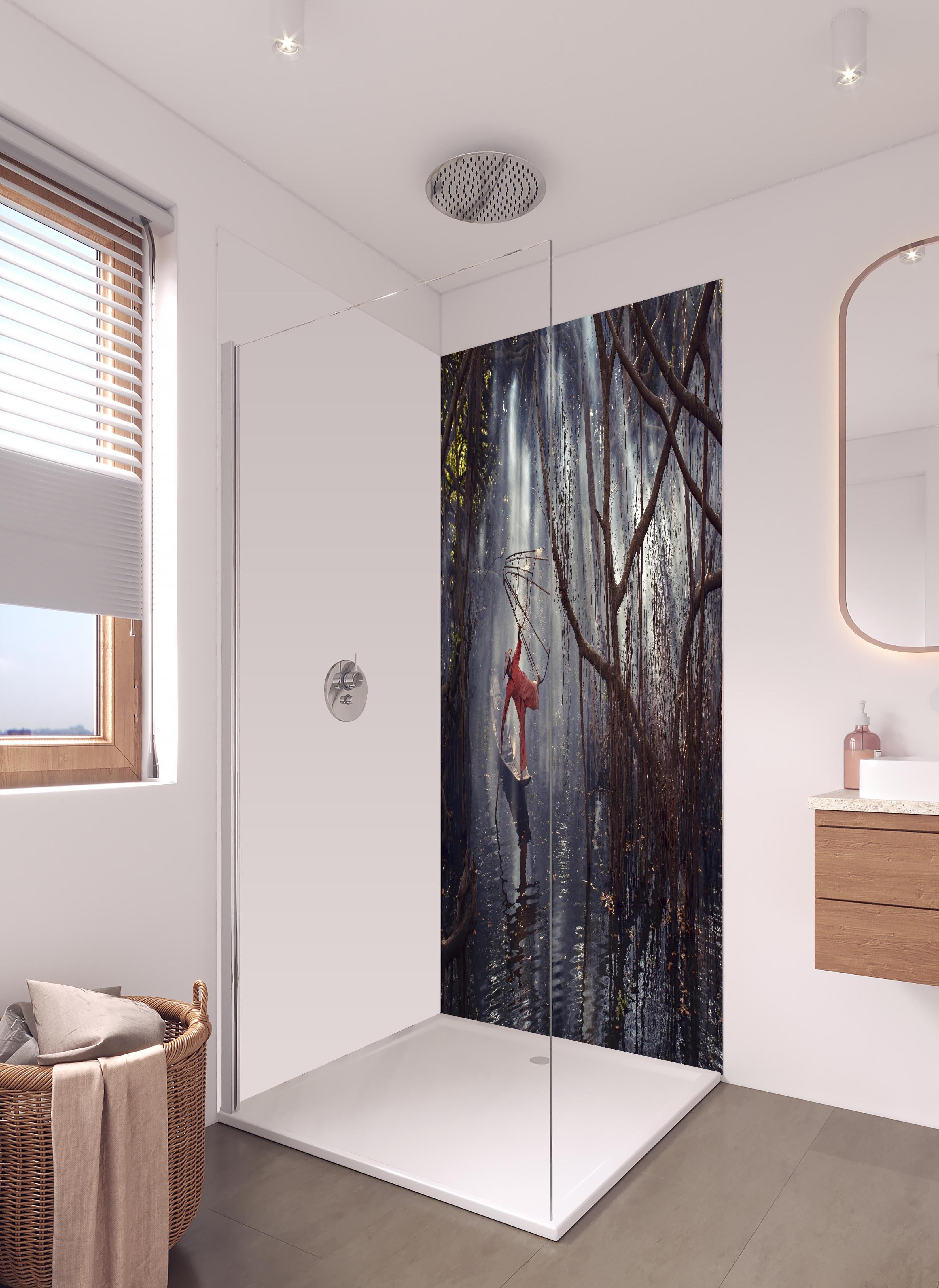 Duschrückwand - Through the light in hellem Badezimmer mit Regenduschkopf - zweiteilige Eck-Duschrückwand