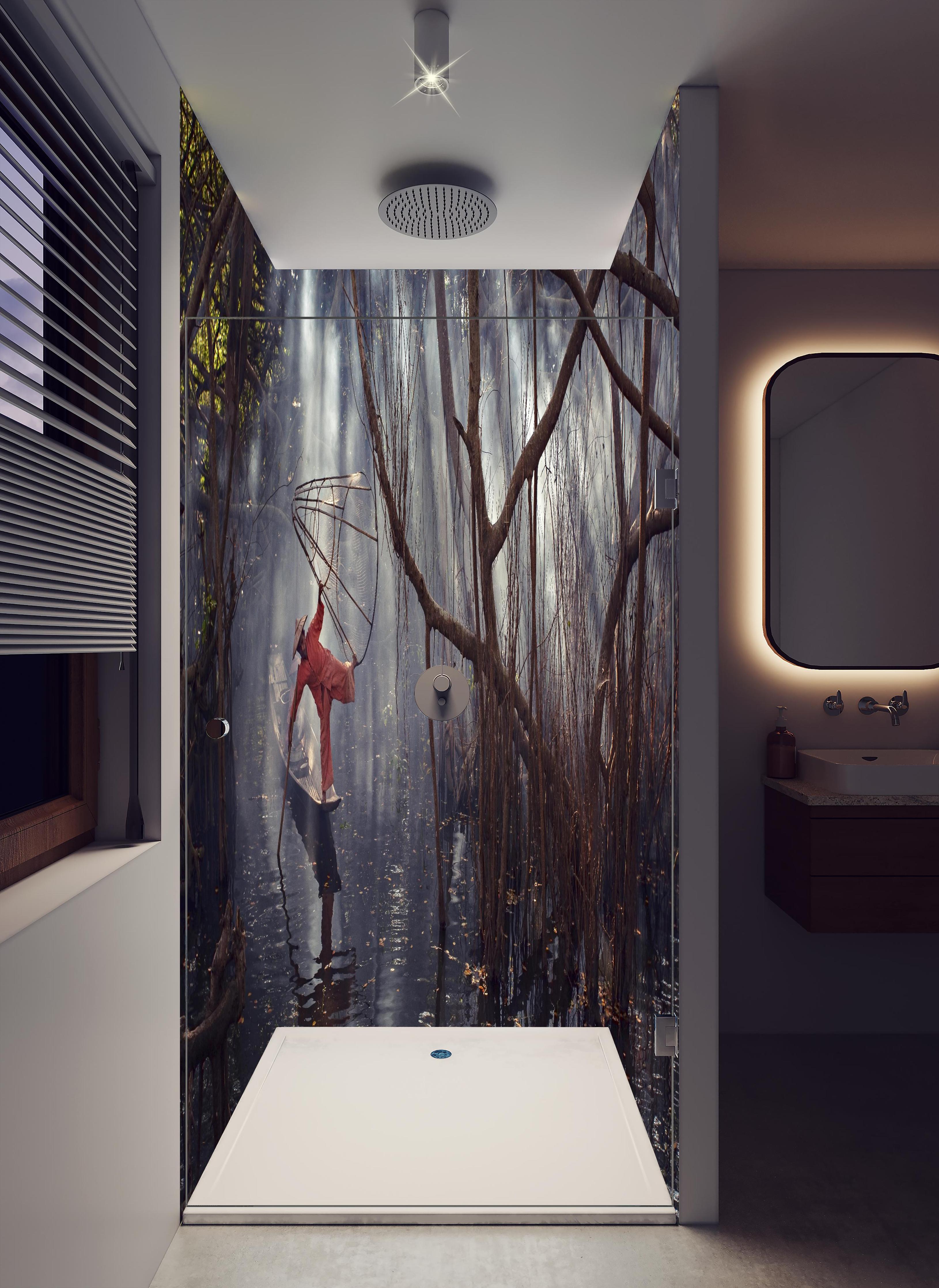 Duschrückwand - Through the light in hellem Badezimmer mit Regenduschkopf - zweiteilige Eck-Duschrückwand