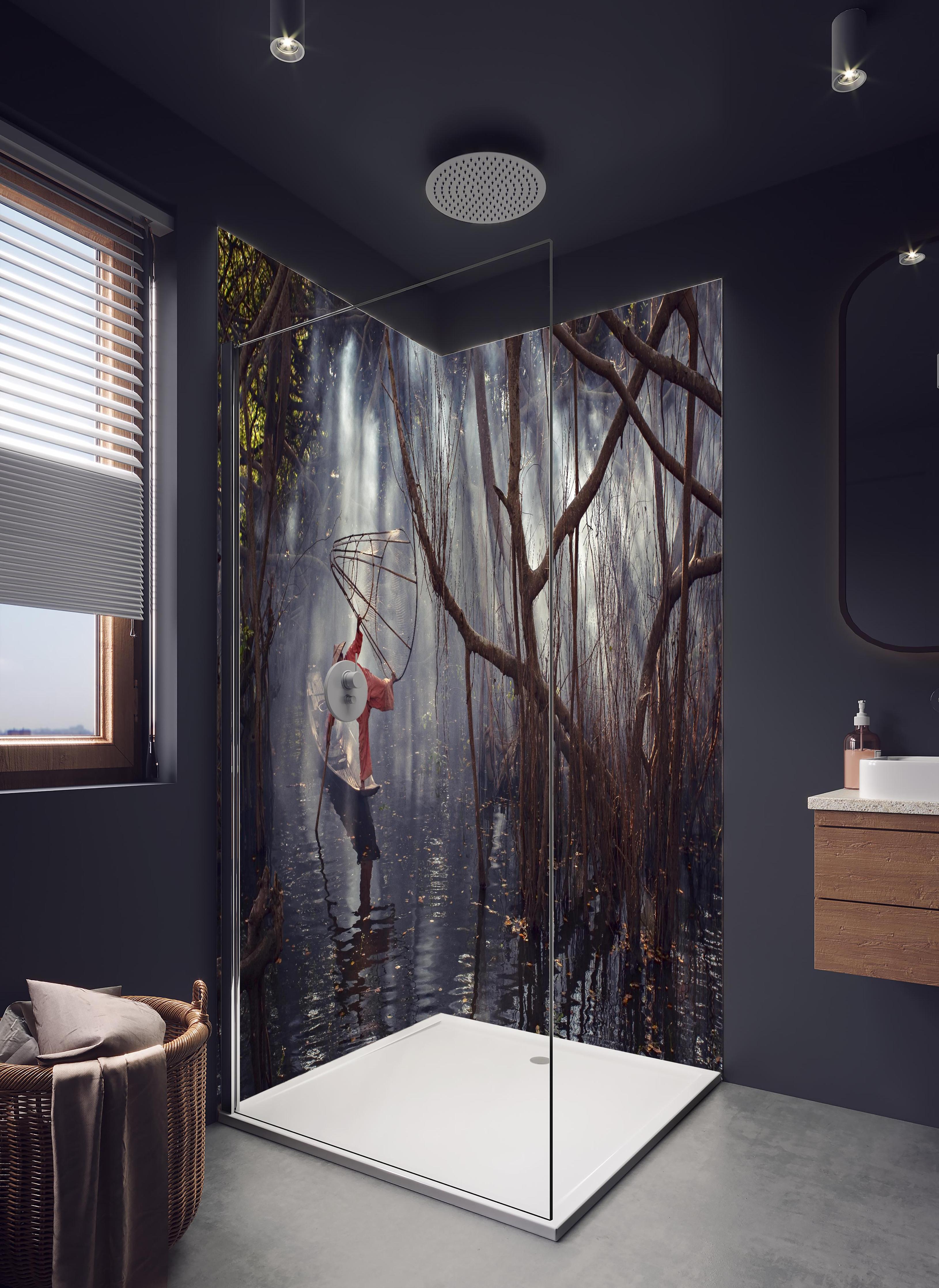 Duschrückwand - Through the light in hellem Badezimmer mit Regenduschkopf - zweiteilige Eck-Duschrückwand