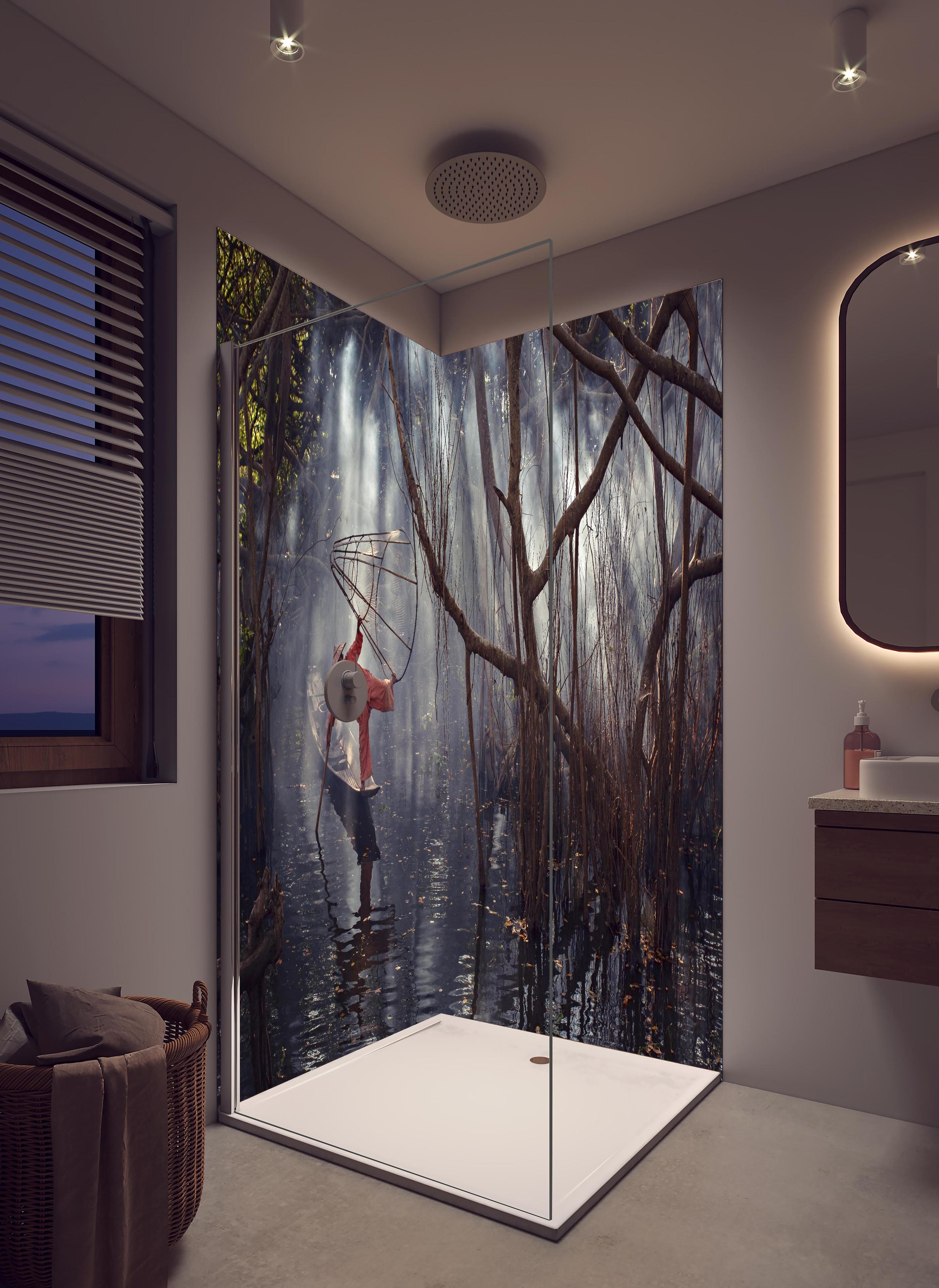 Duschrückwand - Through the light in hellem Badezimmer mit Regenduschkopf - zweiteilige Eck-Duschrückwand