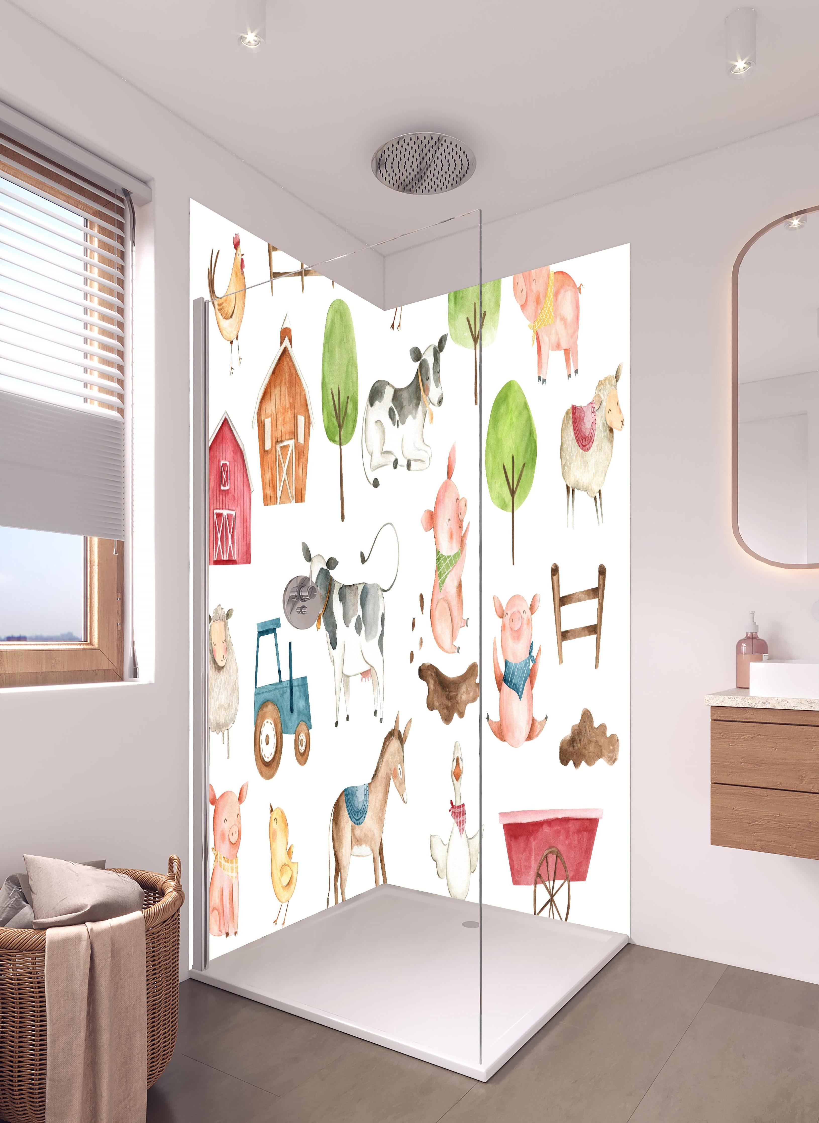Duschrückwand - Tier Motiv - Bauernhof in hellem Badezimmer mit Regenduschkopf - zweiteilige Eck-Duschrückwand