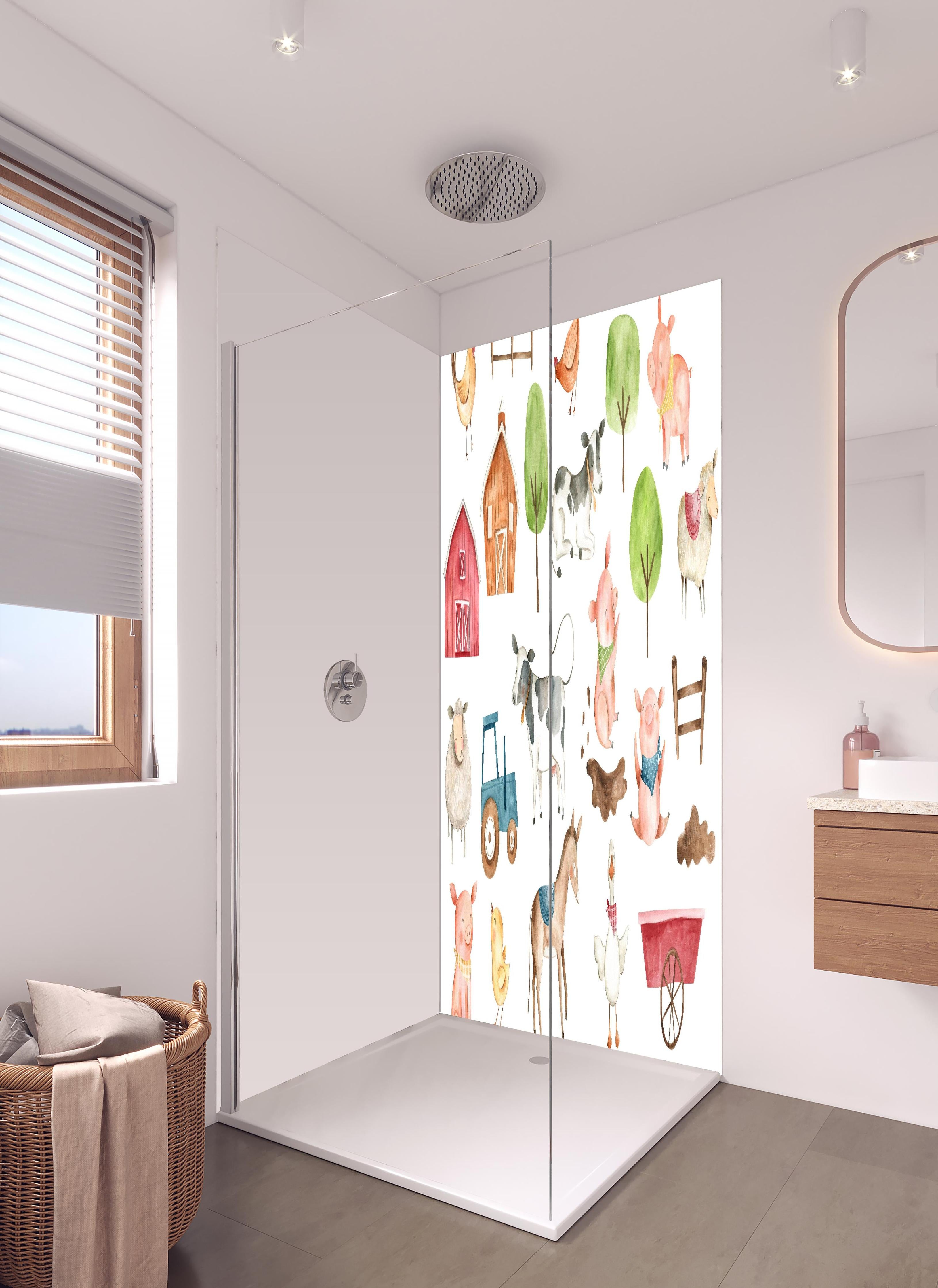 Duschrückwand - Tier Motiv - Bauernhof in hellem Badezimmer mit Regenduschkopf - zweiteilige Eck-Duschrückwand