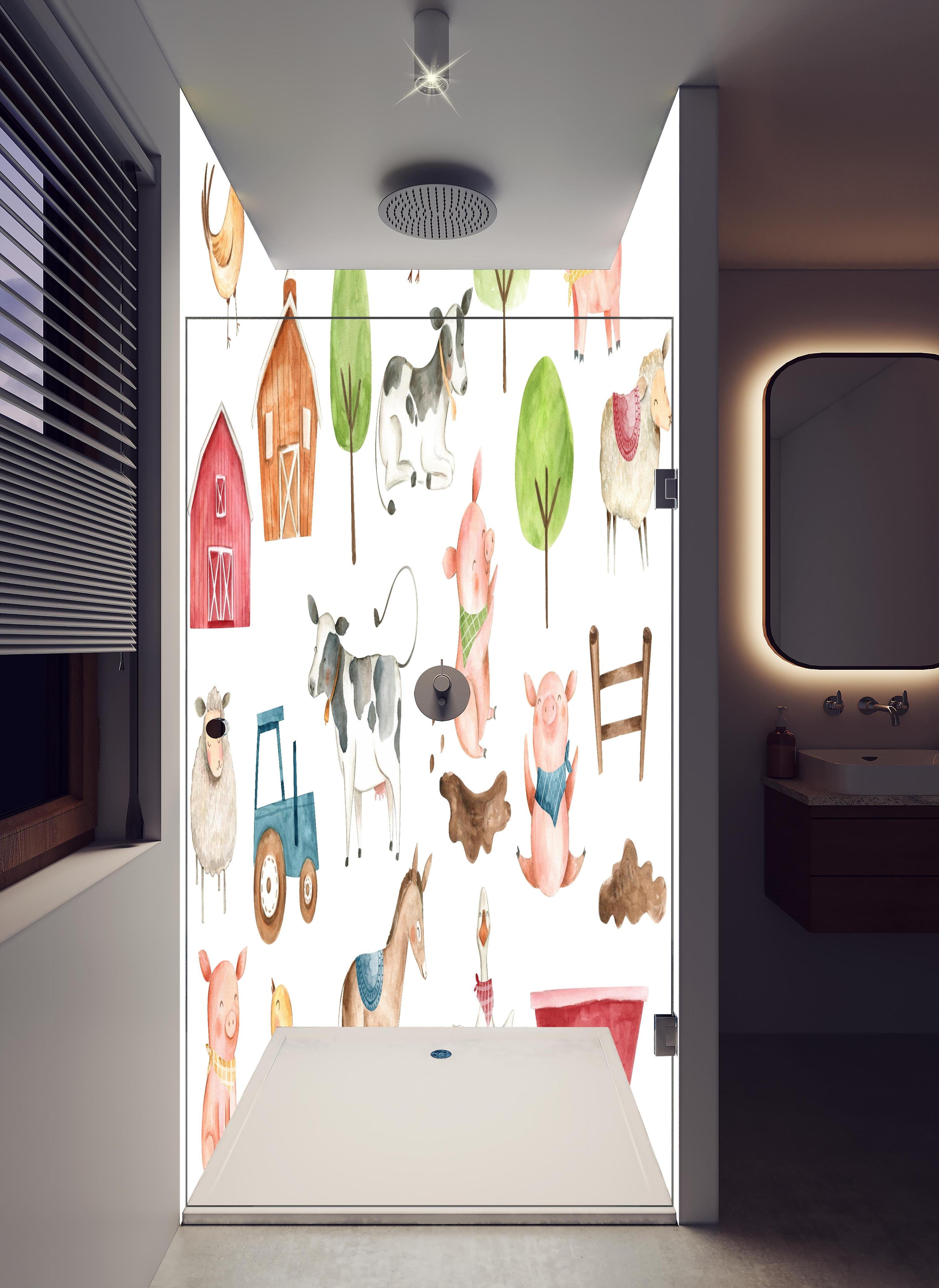 Duschrückwand - Tier Motiv - Bauernhof in hellem Badezimmer mit Regenduschkopf - zweiteilige Eck-Duschrückwand