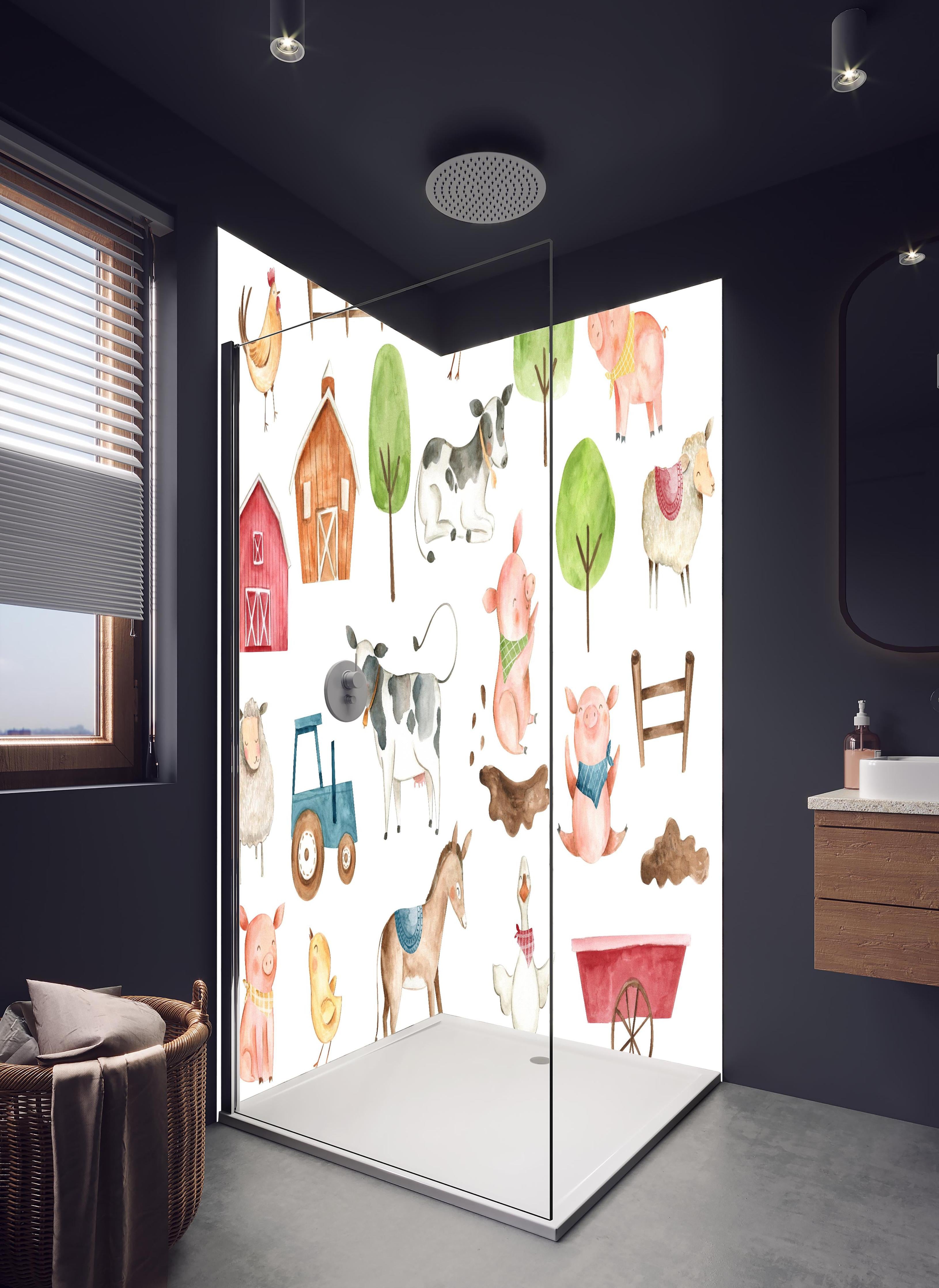 Duschrückwand - Tier Motiv - Bauernhof in hellem Badezimmer mit Regenduschkopf - zweiteilige Eck-Duschrückwand