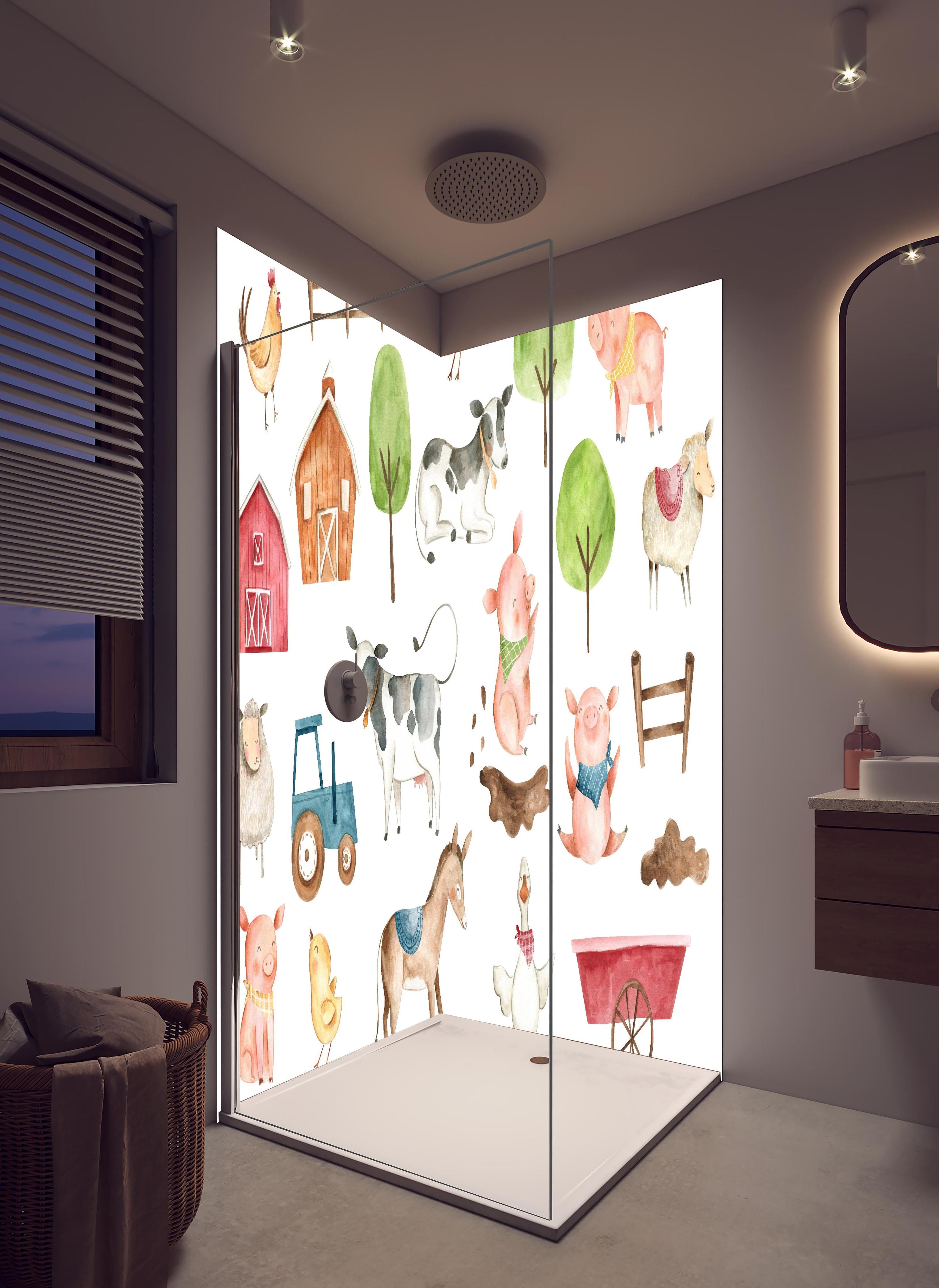 Duschrückwand - Tier Motiv - Bauernhof in hellem Badezimmer mit Regenduschkopf - zweiteilige Eck-Duschrückwand