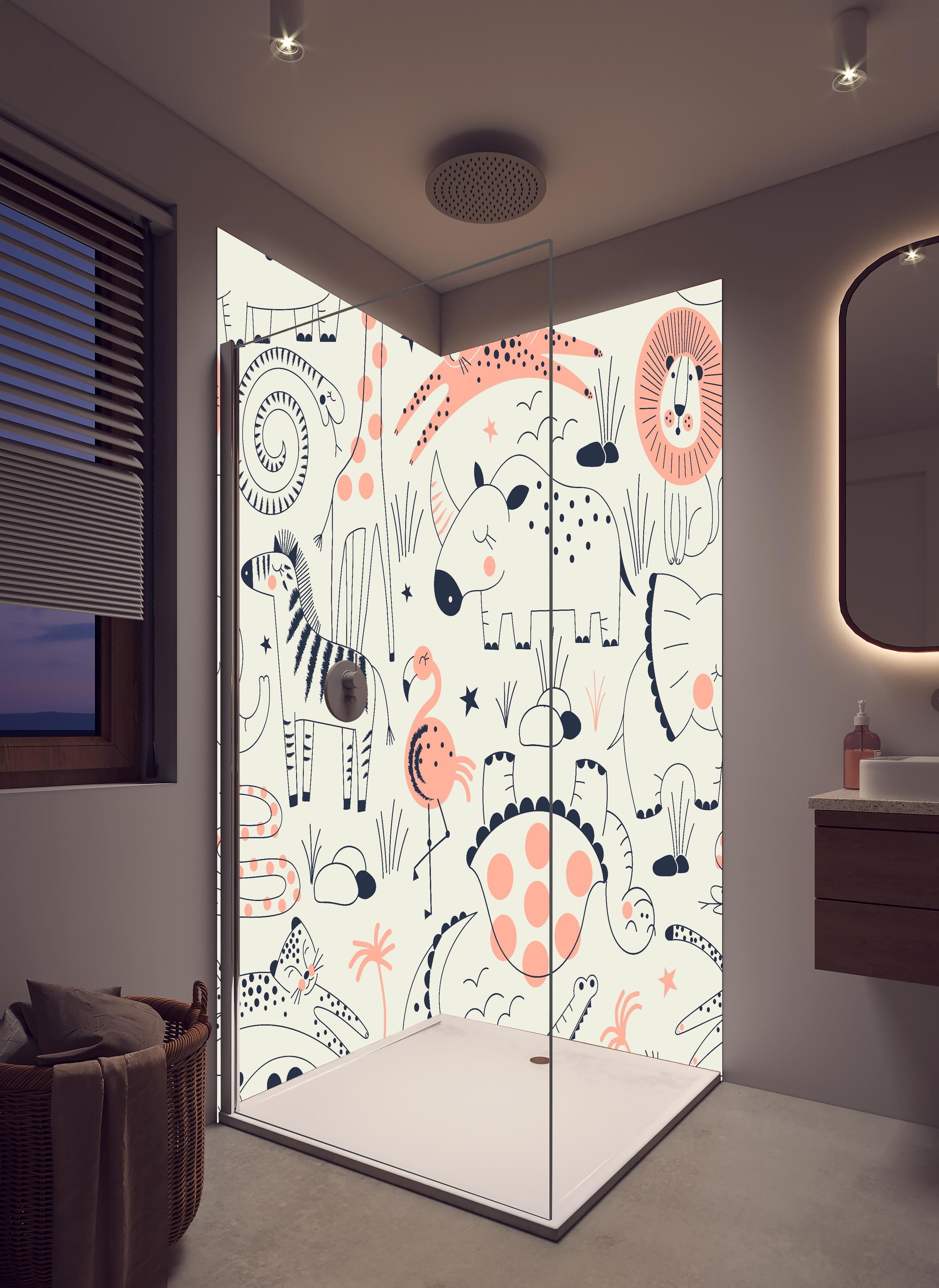 Duschrückwand - Tierillustrationen in Pastellfarben Print in hellem Badezimmer mit Regenduschkopf - zweiteilige Eck-Duschrückwand