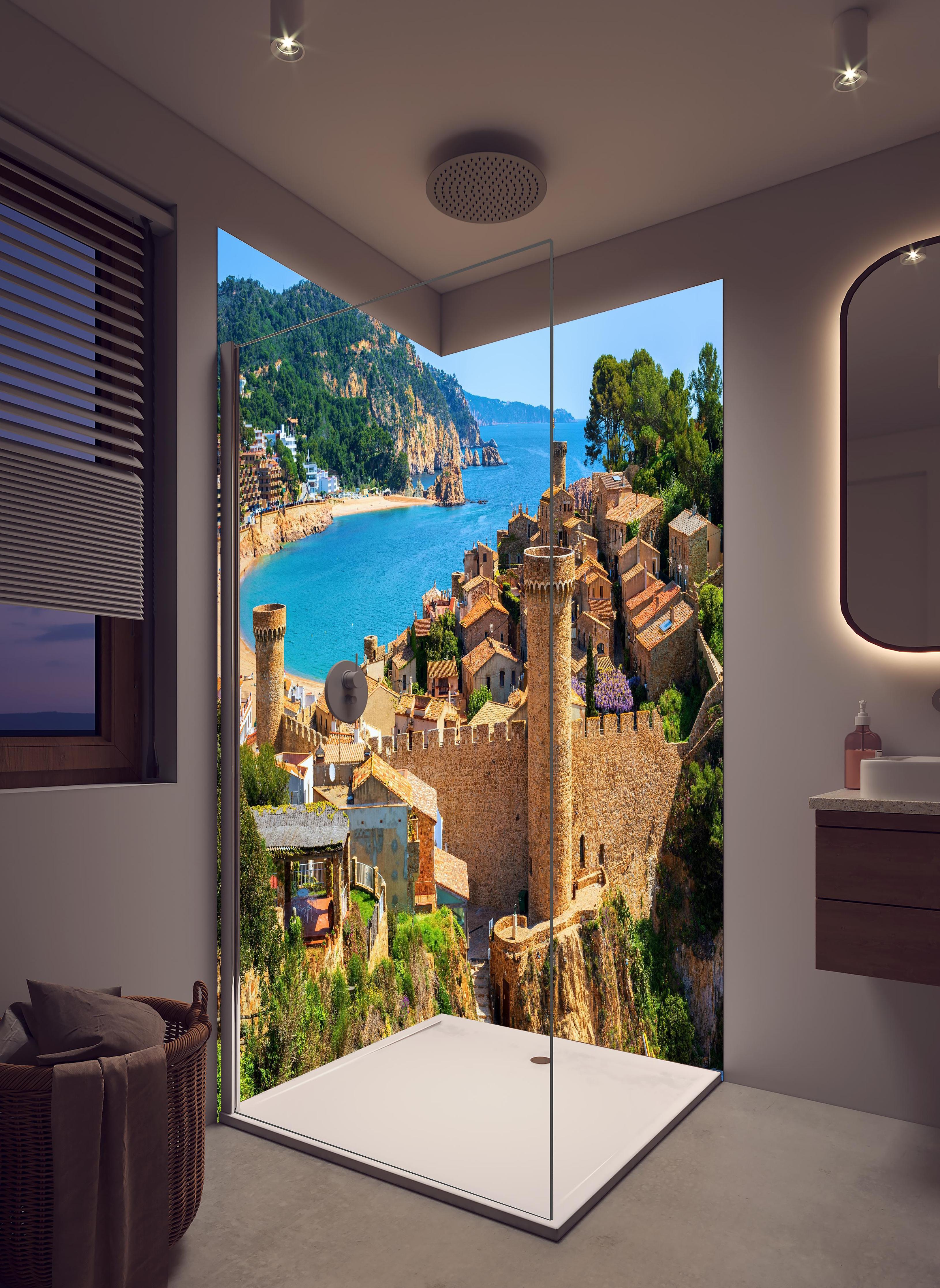 Duschrückwand - Tossa de Mar - Spanien in hellem Badezimmer mit Regenduschkopf - zweiteilige Eck-Duschrückwand
