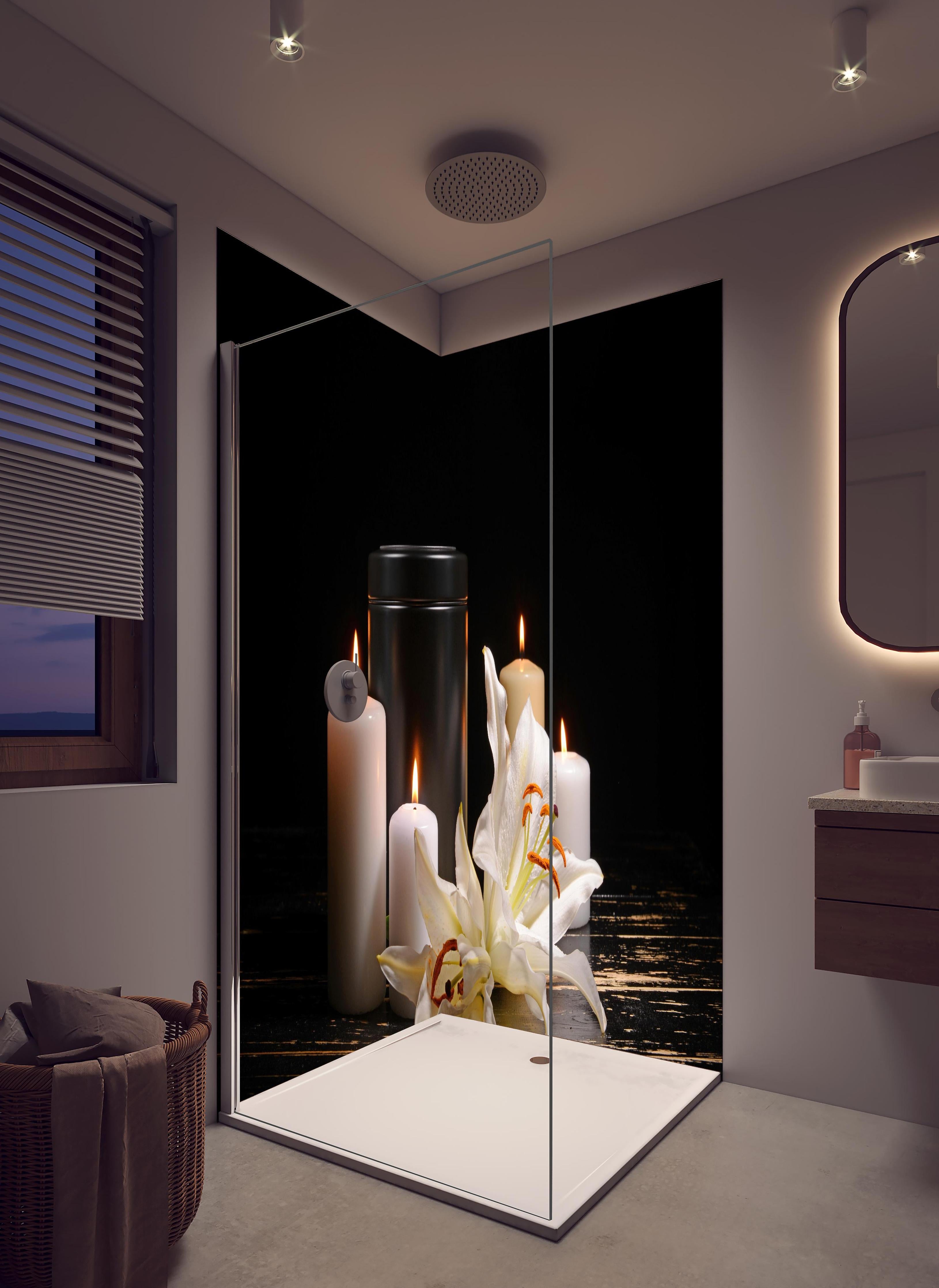 Duschrückwand - Totenurne mit Kerzen und Blume in hellem Badezimmer mit Regenduschkopf - zweiteilige Eck-Duschrückwand