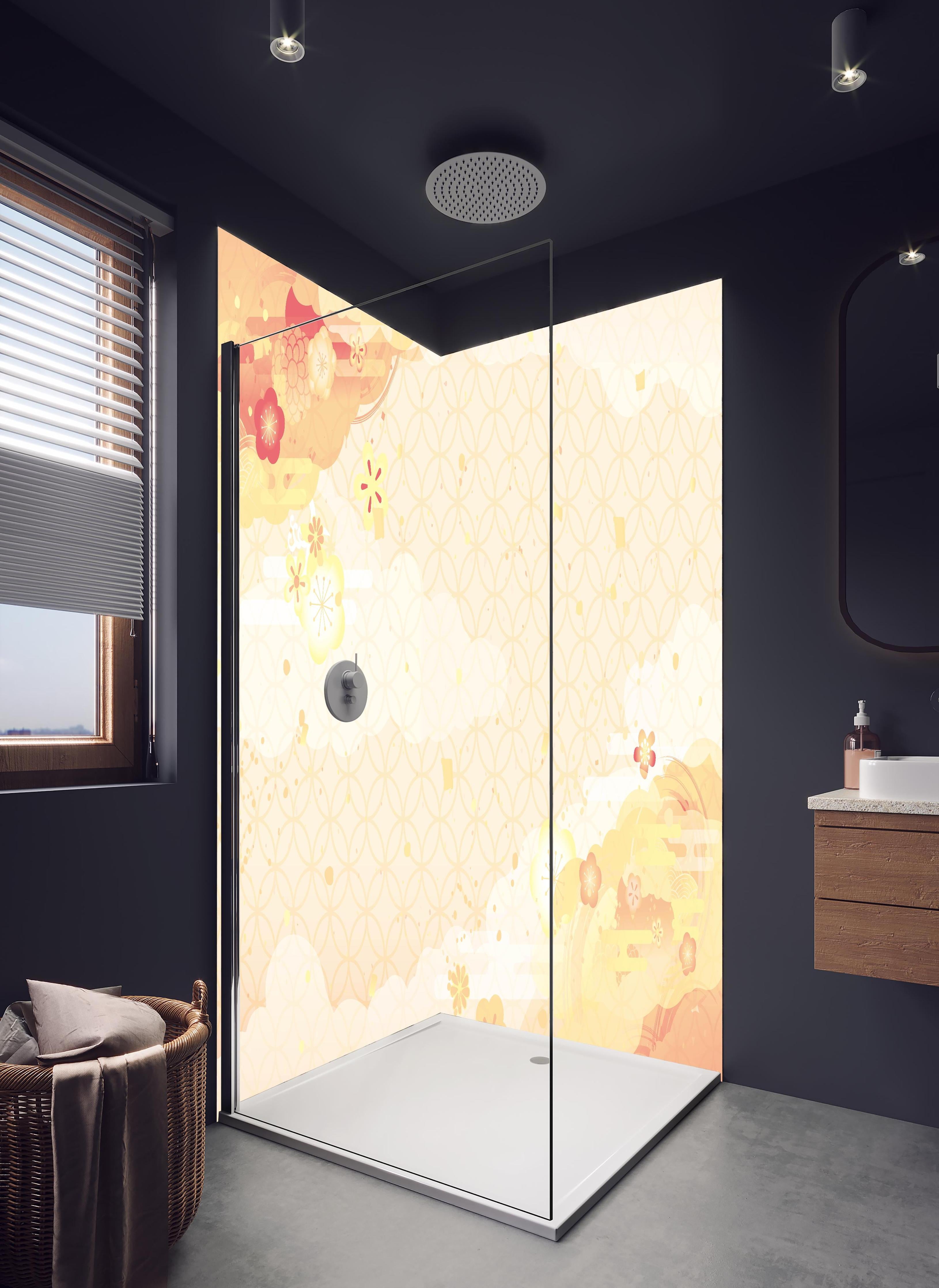 Duschrückwand - Traditionelle Japan Kunst in Beige und Gold in hellem Badezimmer mit Regenduschkopf - zweiteilige Eck-Duschrückwand