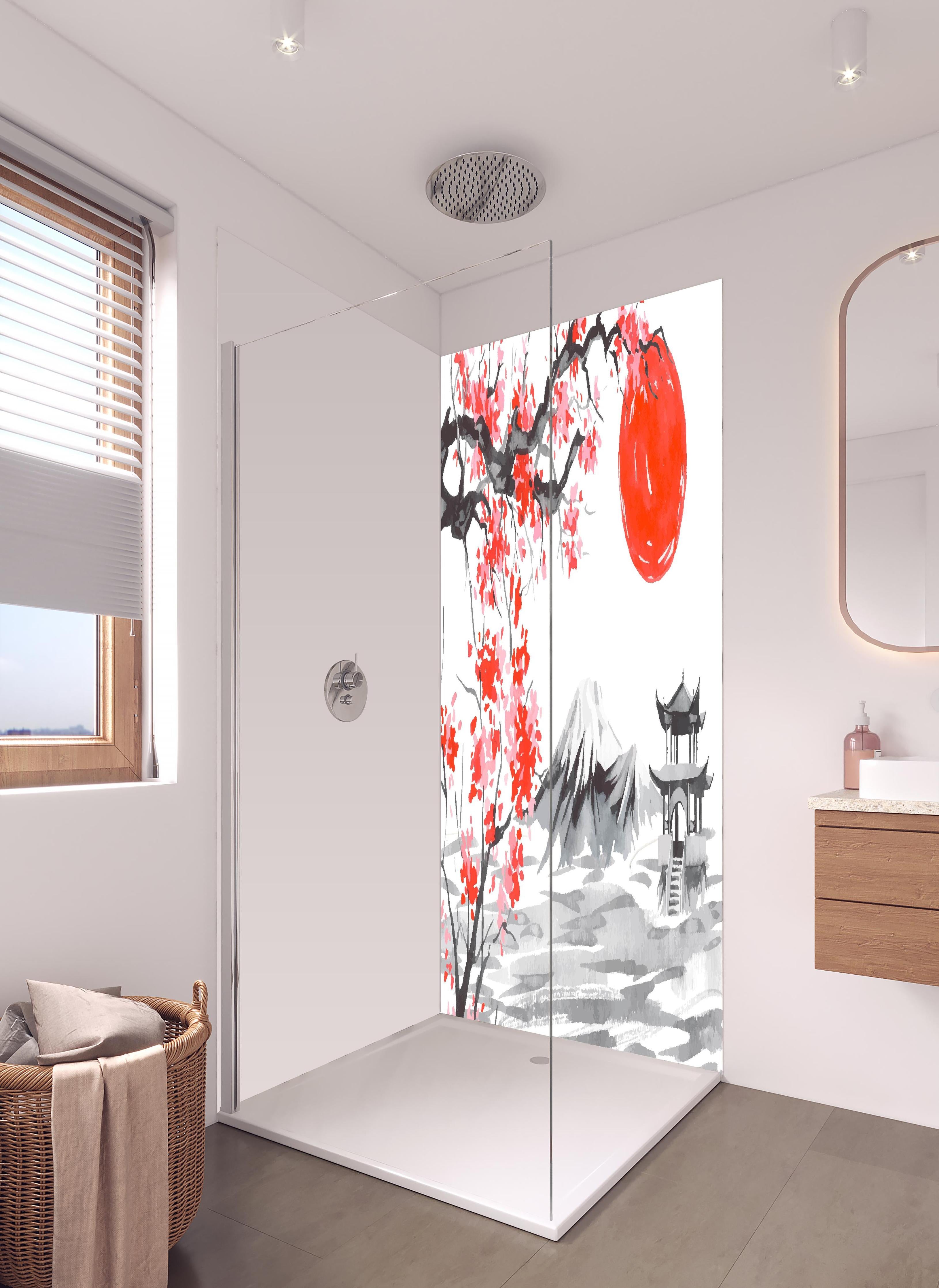 Duschrückwand - Traditionelle Japanische Landschaft Aquarell in hellem Badezimmer mit Regenduschkopf - zweiteilige Eck-Duschrückwand