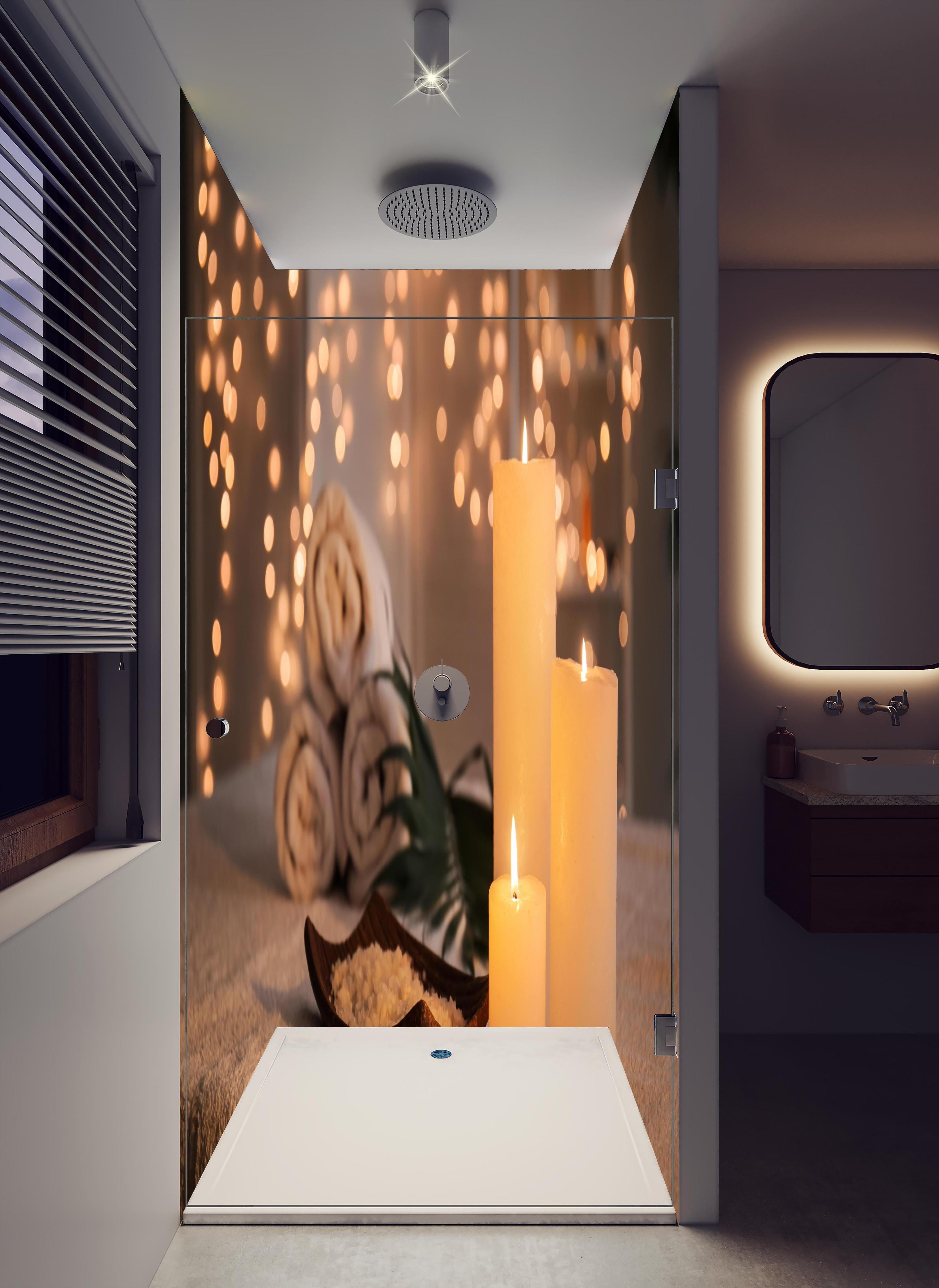 Duschrückwand - Traditioneller Spa-Salon in hellem Badezimmer mit Regenduschkopf - zweiteilige Eck-Duschrückwand