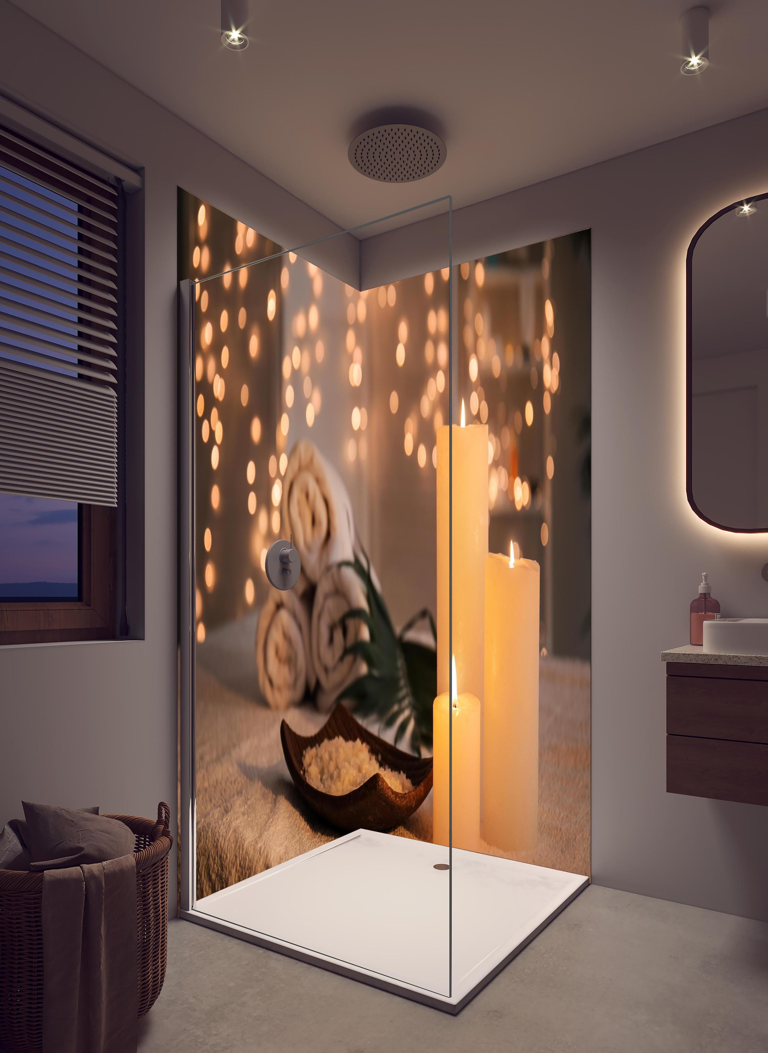 Duschrückwand - Traditioneller Spa-Salon in hellem Badezimmer mit Regenduschkopf - zweiteilige Eck-Duschrückwand