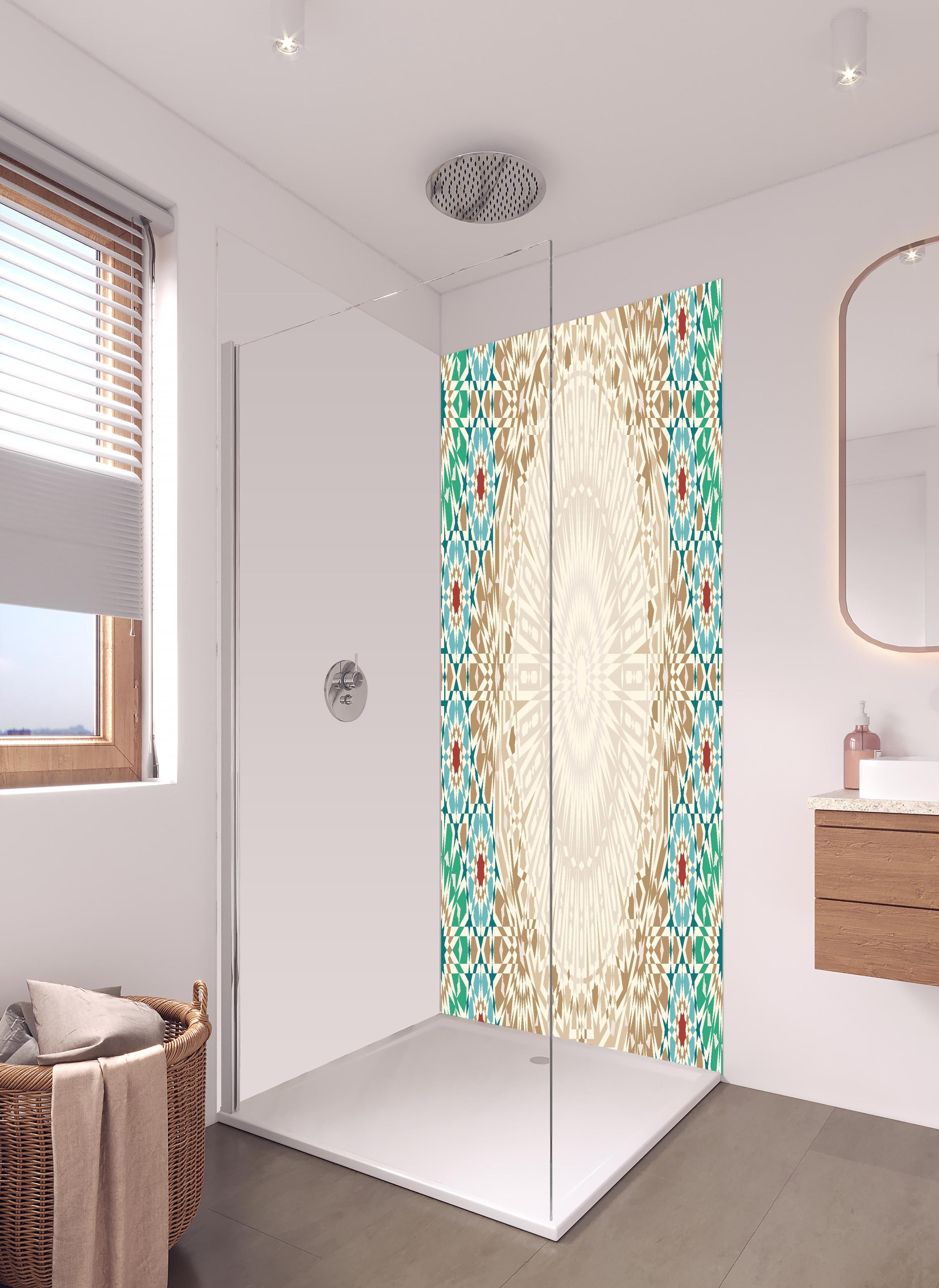 Duschrückwand - Traditionelles Marokkanisches Fliesenmuster in hellem Badezimmer mit Regenduschkopf - zweiteilige Eck-Duschrückwand