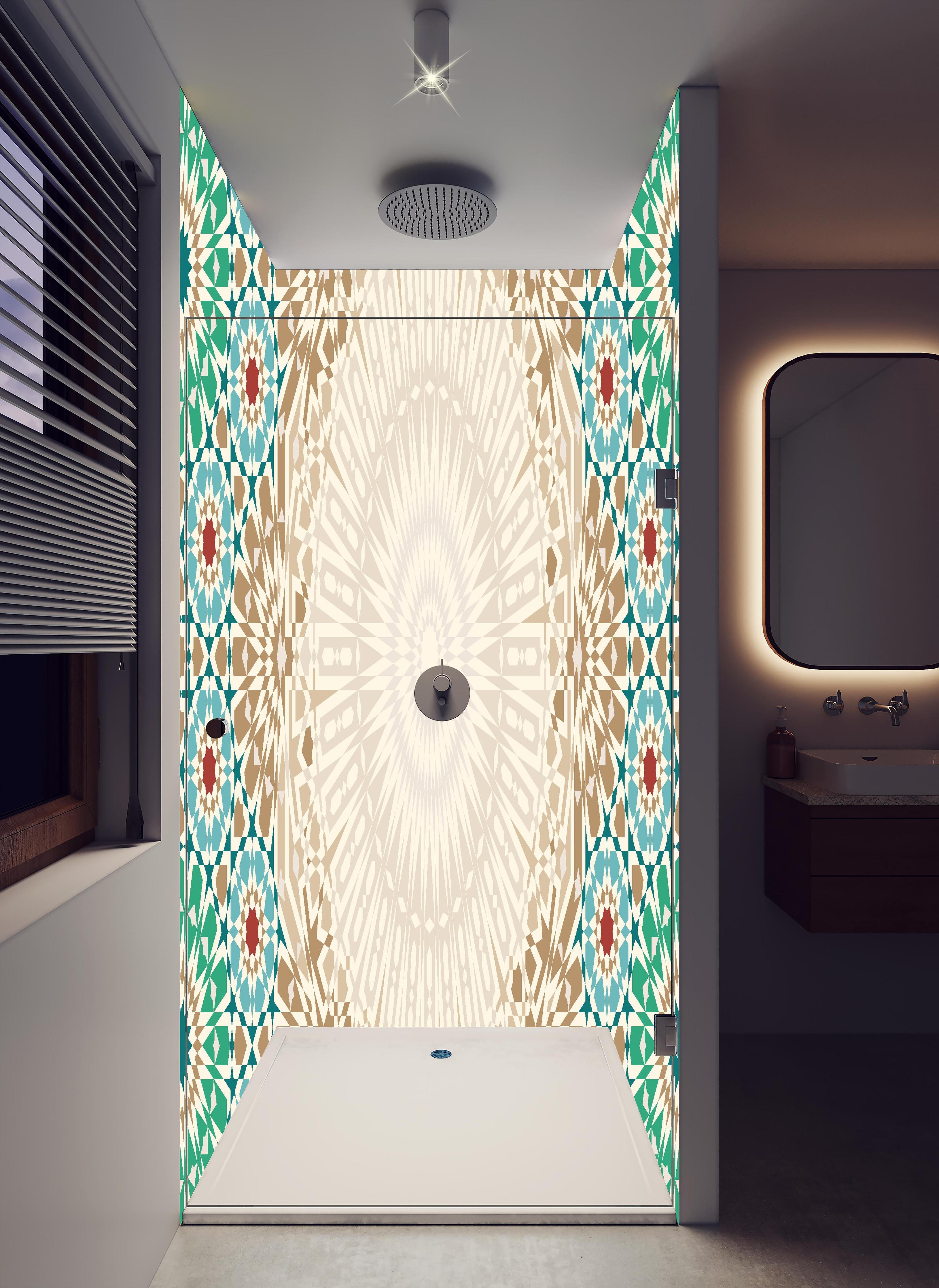 Duschrückwand - Traditionelles Marokkanisches Fliesenmuster in hellem Badezimmer mit Regenduschkopf - zweiteilige Eck-Duschrückwand