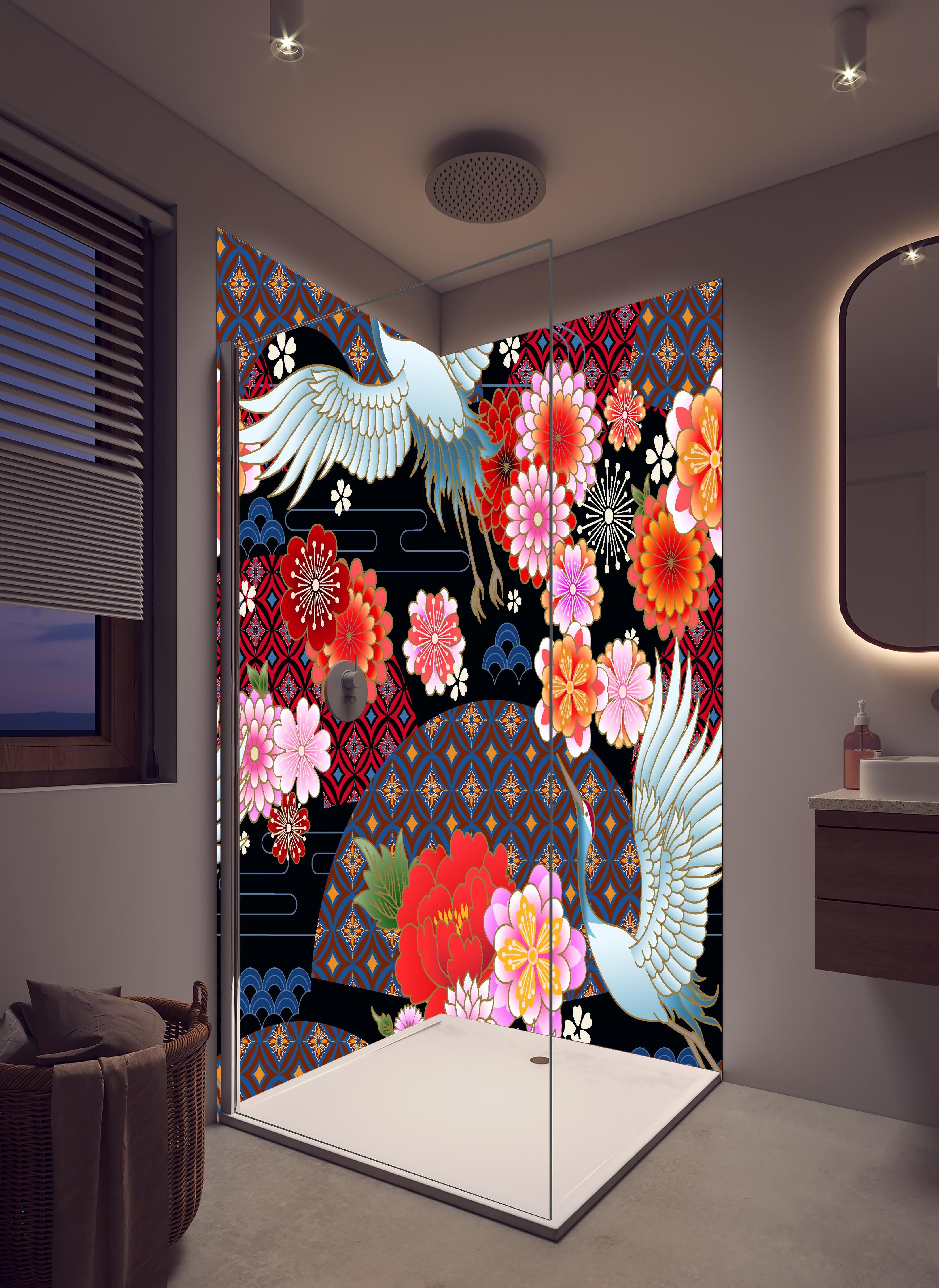 Duschrückwand - Traditionelles Muster mit Vögeln und Blumen in hellem Badezimmer mit Regenduschkopf - zweiteilige Eck-Duschrückwand