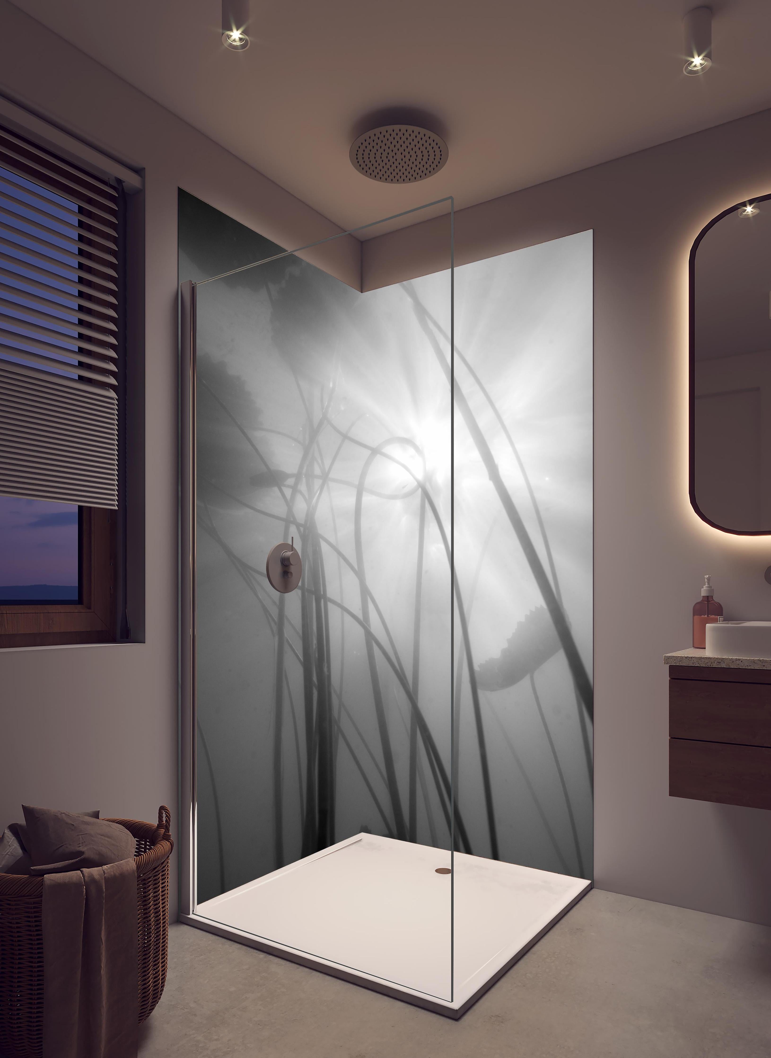 Duschrückwand - Tranquile Wasserlilien in Nebel und Monochrom in hellem Badezimmer mit Regenduschkopf - zweiteilige Eck-Duschrückwand