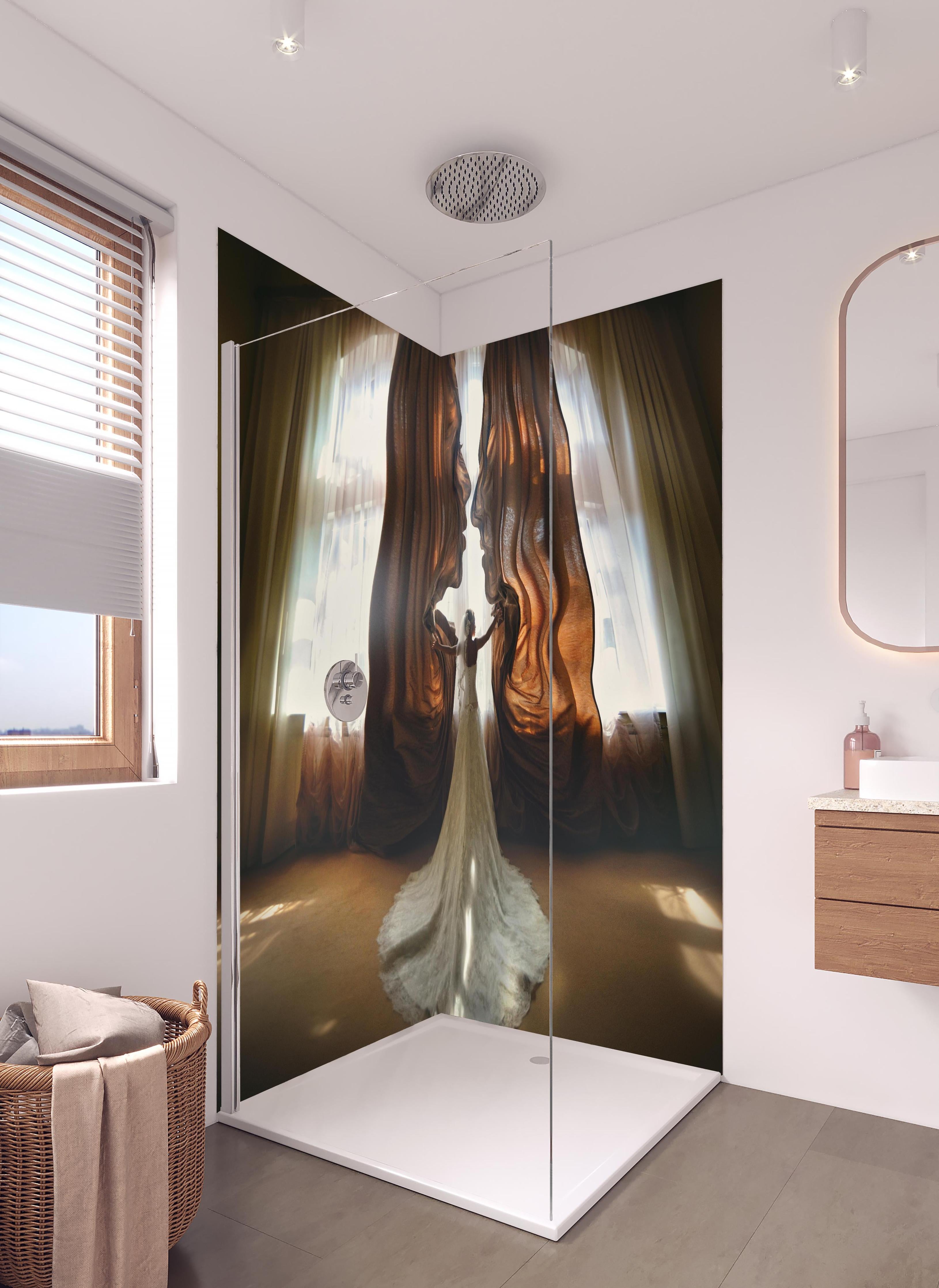 Duschrückwand - Traumbild einer Braut - Panorama in hellem Badezimmer mit Regenduschkopf - zweiteilige Eck-Duschrückwand