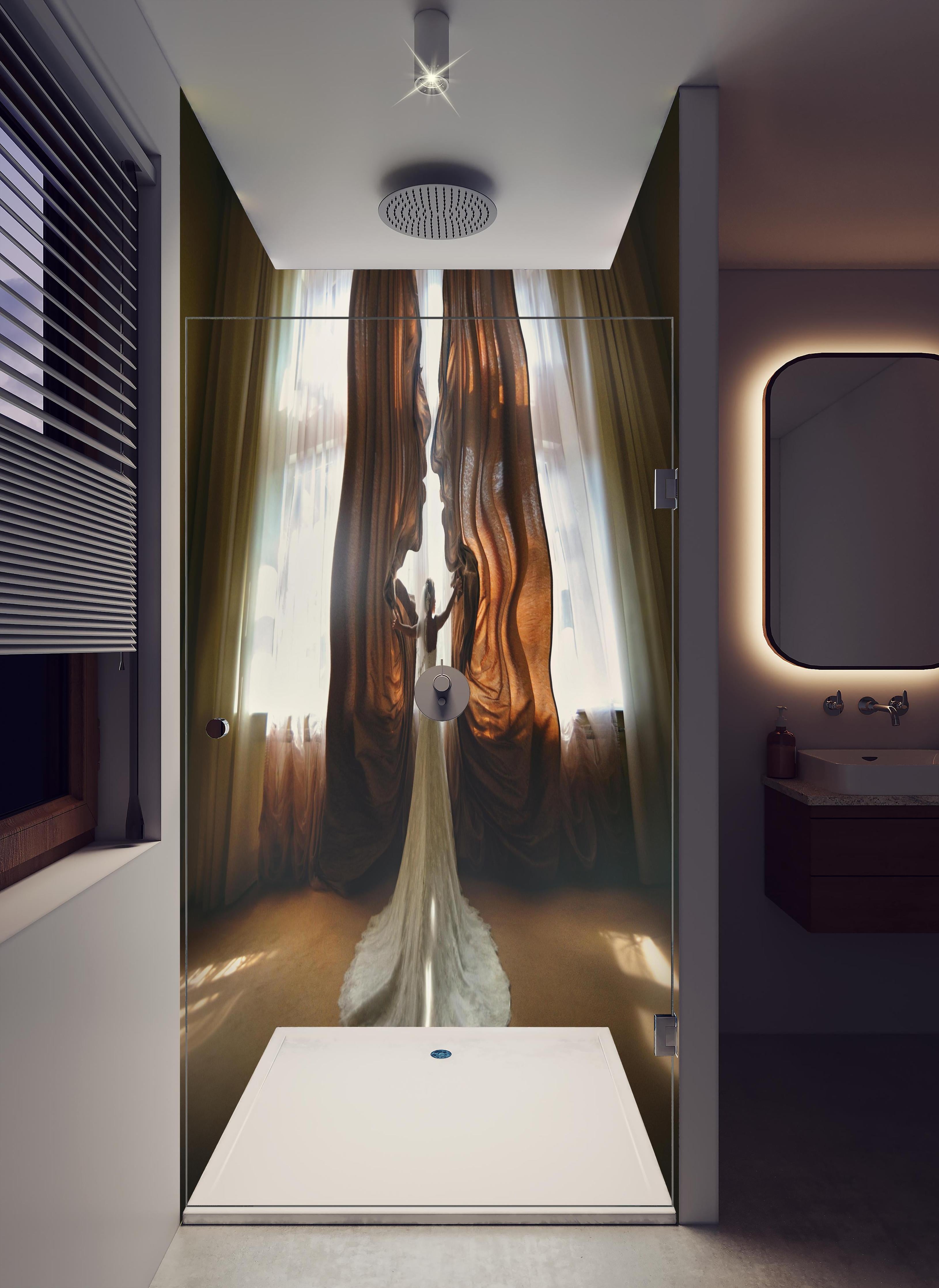 Duschrückwand - Traumbild einer Braut - Panorama in hellem Badezimmer mit Regenduschkopf - zweiteilige Eck-Duschrückwand