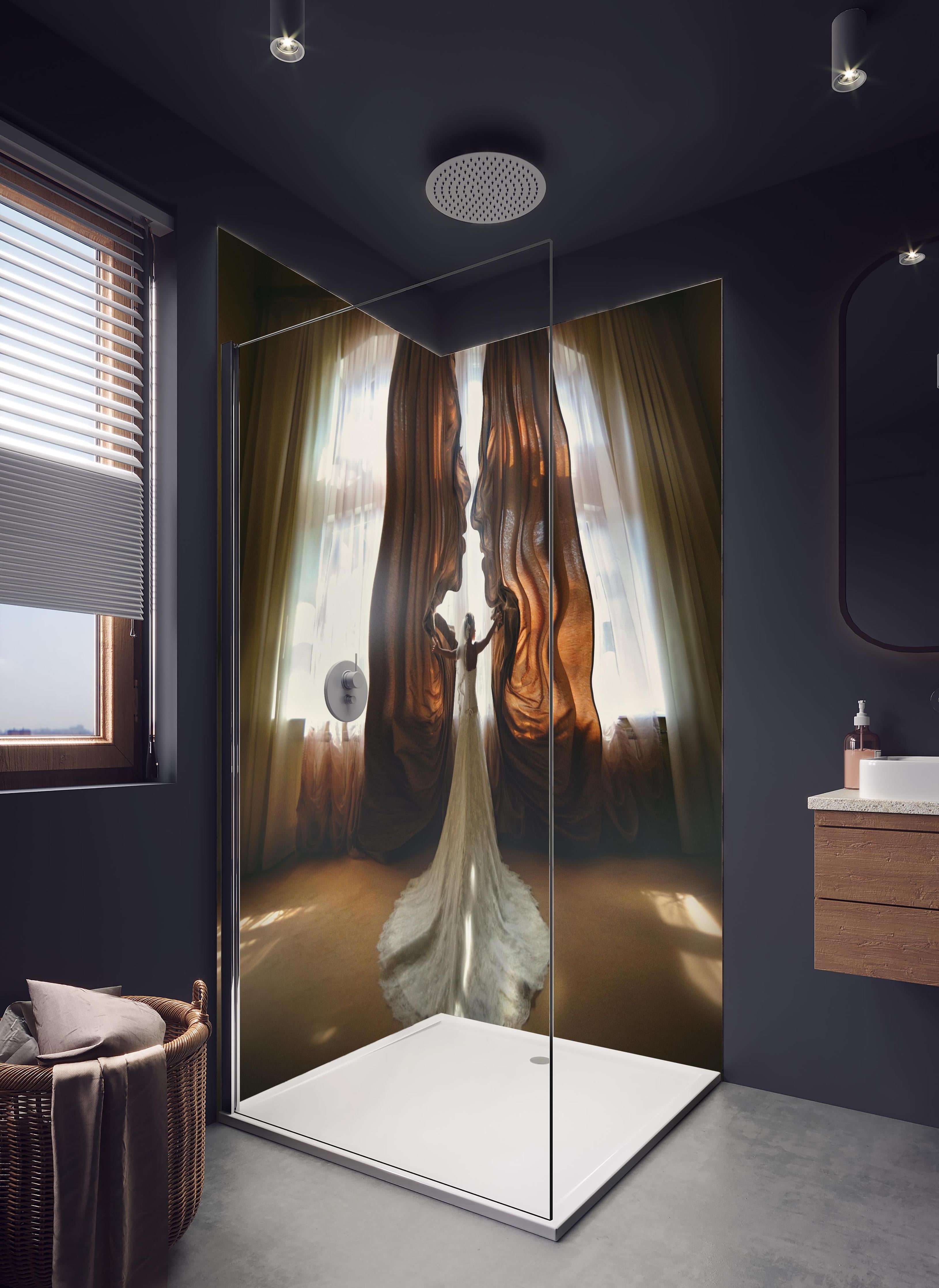 Duschrückwand - Traumbild einer Braut - Panorama in hellem Badezimmer mit Regenduschkopf - zweiteilige Eck-Duschrückwand