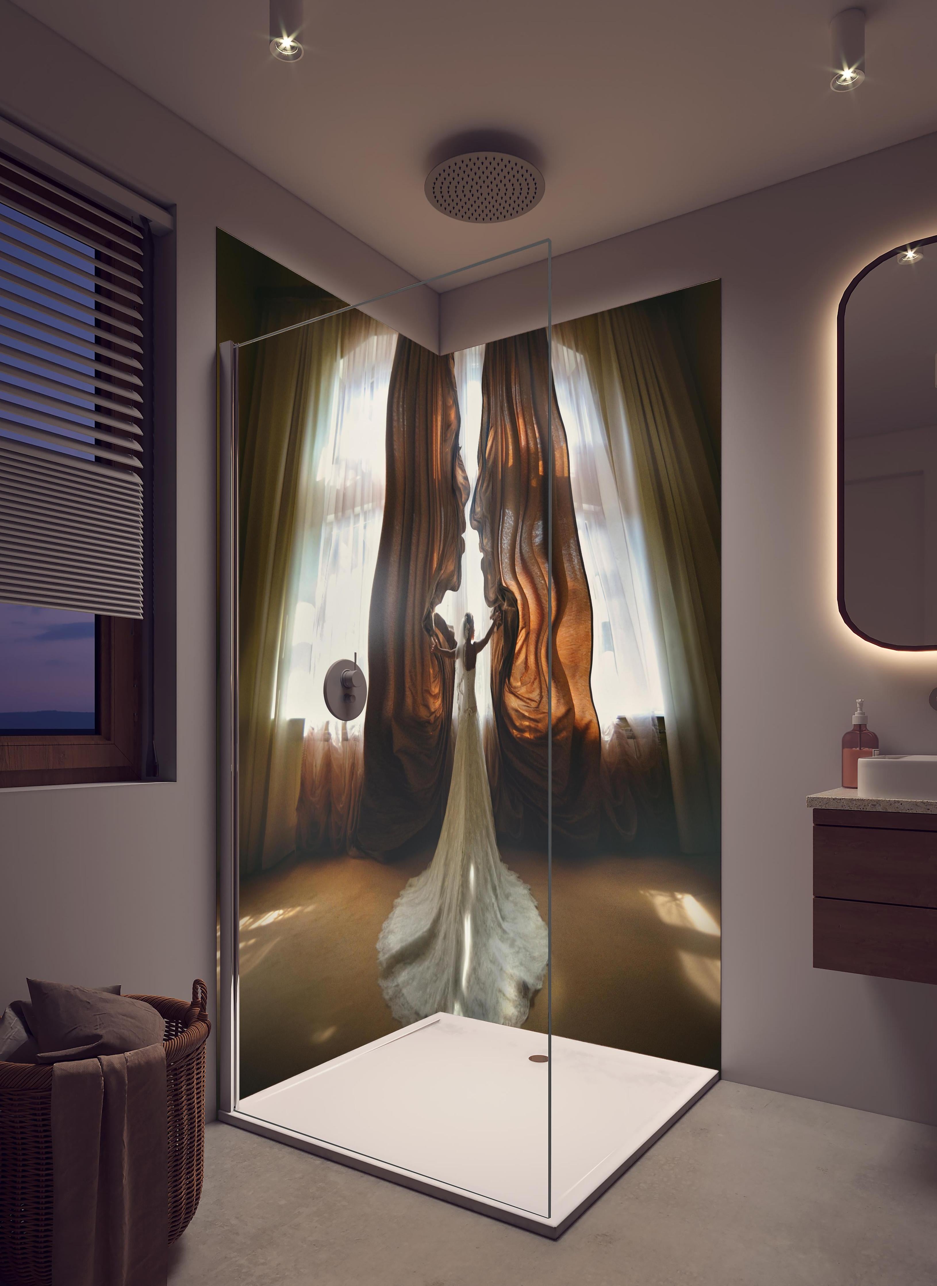 Duschrückwand - Traumbild einer Braut - Panorama in hellem Badezimmer mit Regenduschkopf - zweiteilige Eck-Duschrückwand