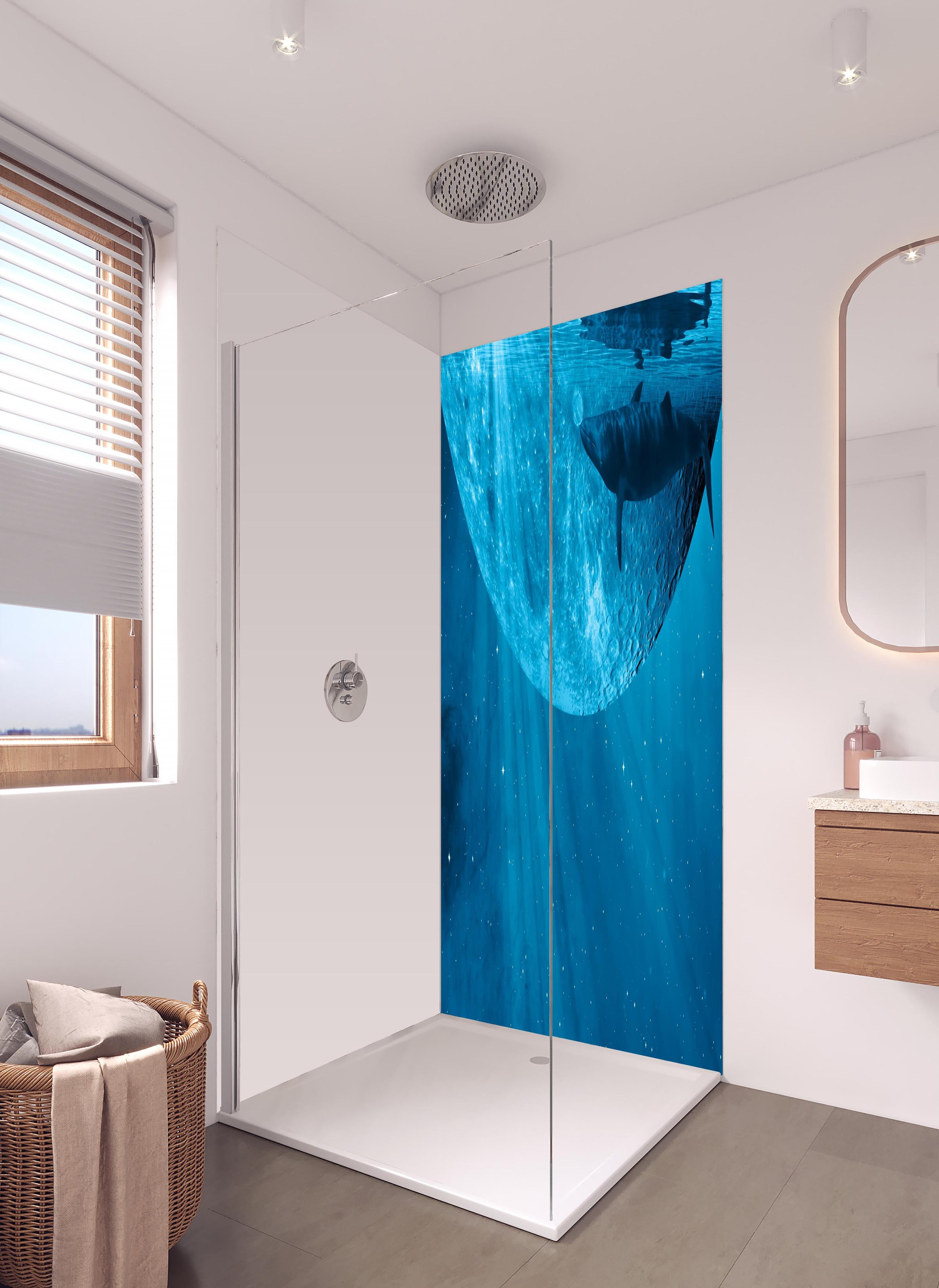 Duschrückwand - Traumbild eines Wals in hellem Badezimmer mit Regenduschkopf - zweiteilige Eck-Duschrückwand