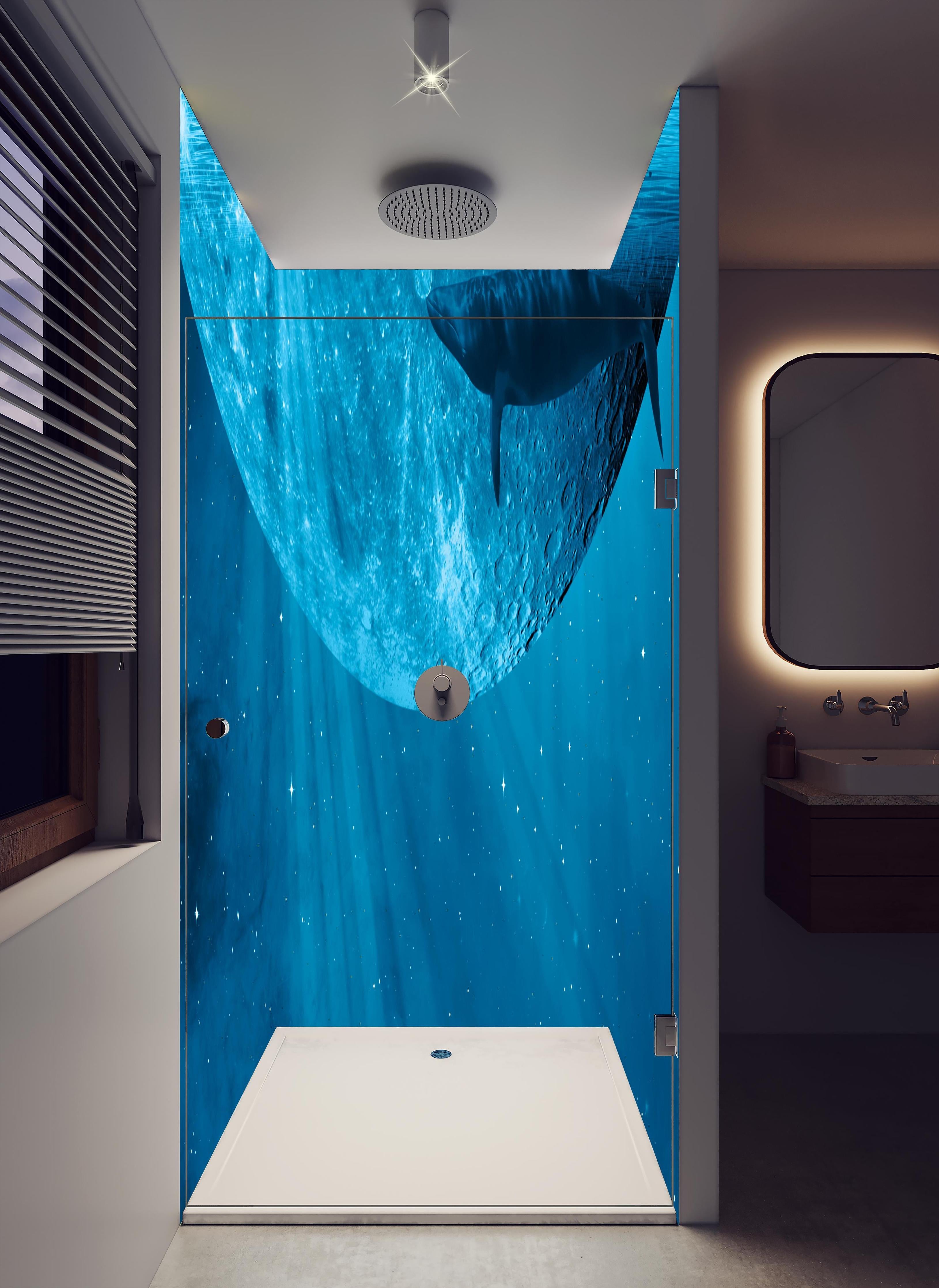 Duschrückwand - Traumbild eines Wals in hellem Badezimmer mit Regenduschkopf - zweiteilige Eck-Duschrückwand