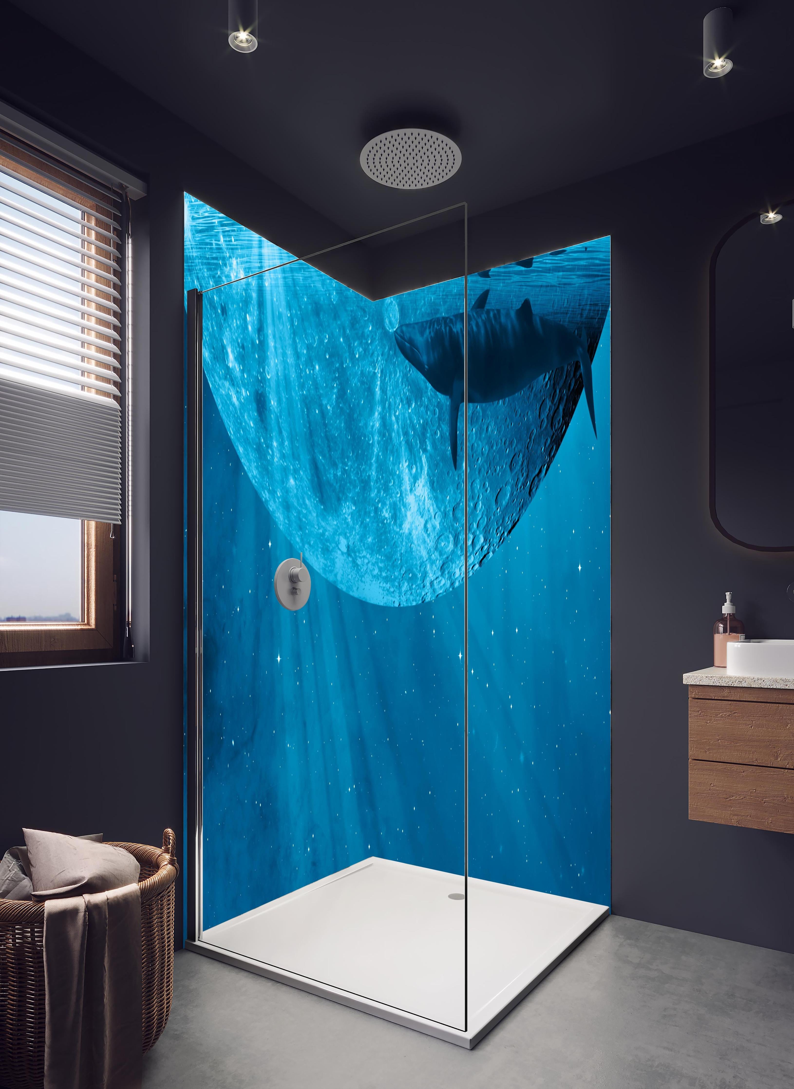 Duschrückwand - Traumbild eines Wals in hellem Badezimmer mit Regenduschkopf - zweiteilige Eck-Duschrückwand