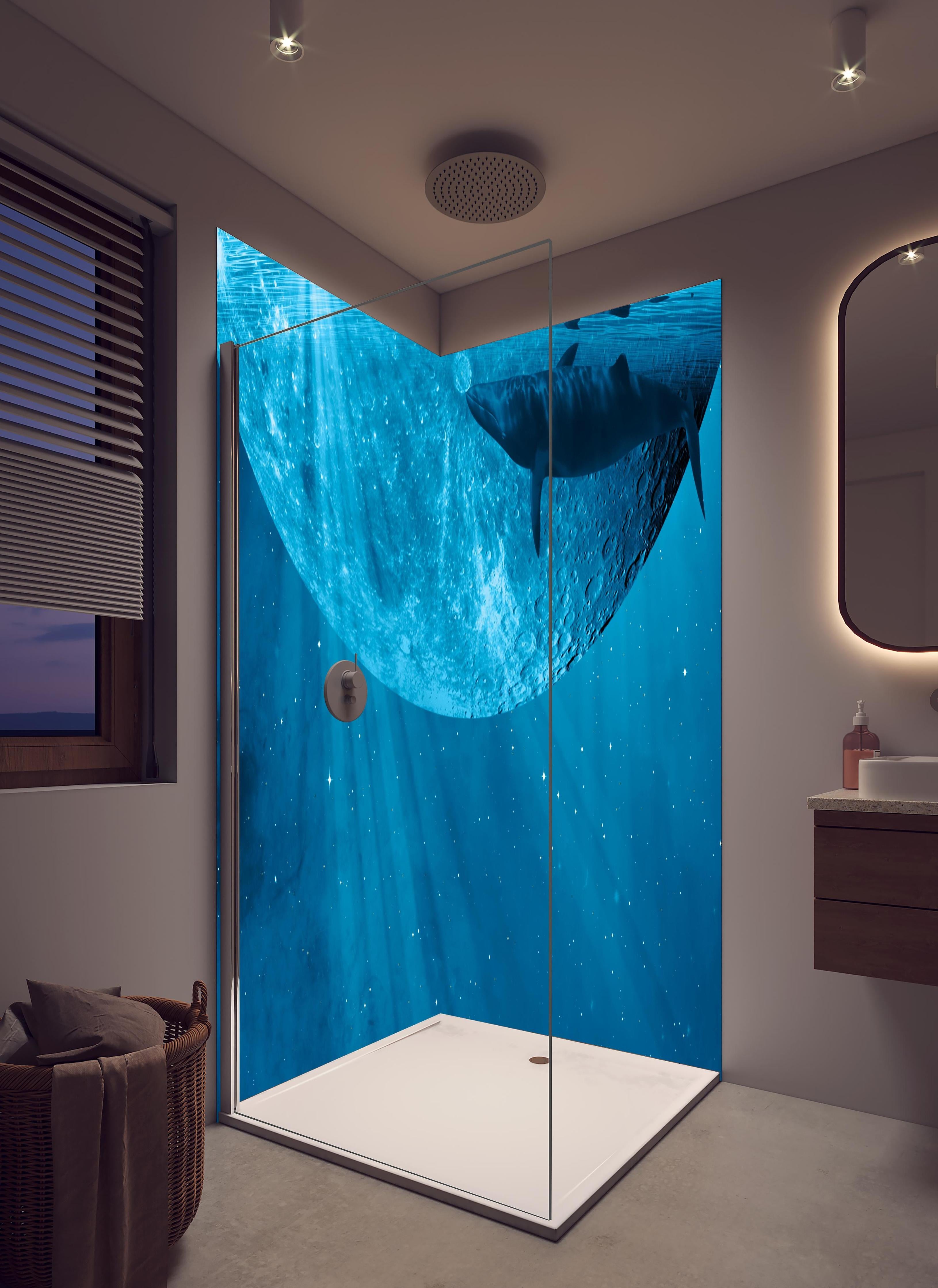 Duschrückwand - Traumbild eines Wals in hellem Badezimmer mit Regenduschkopf - zweiteilige Eck-Duschrückwand