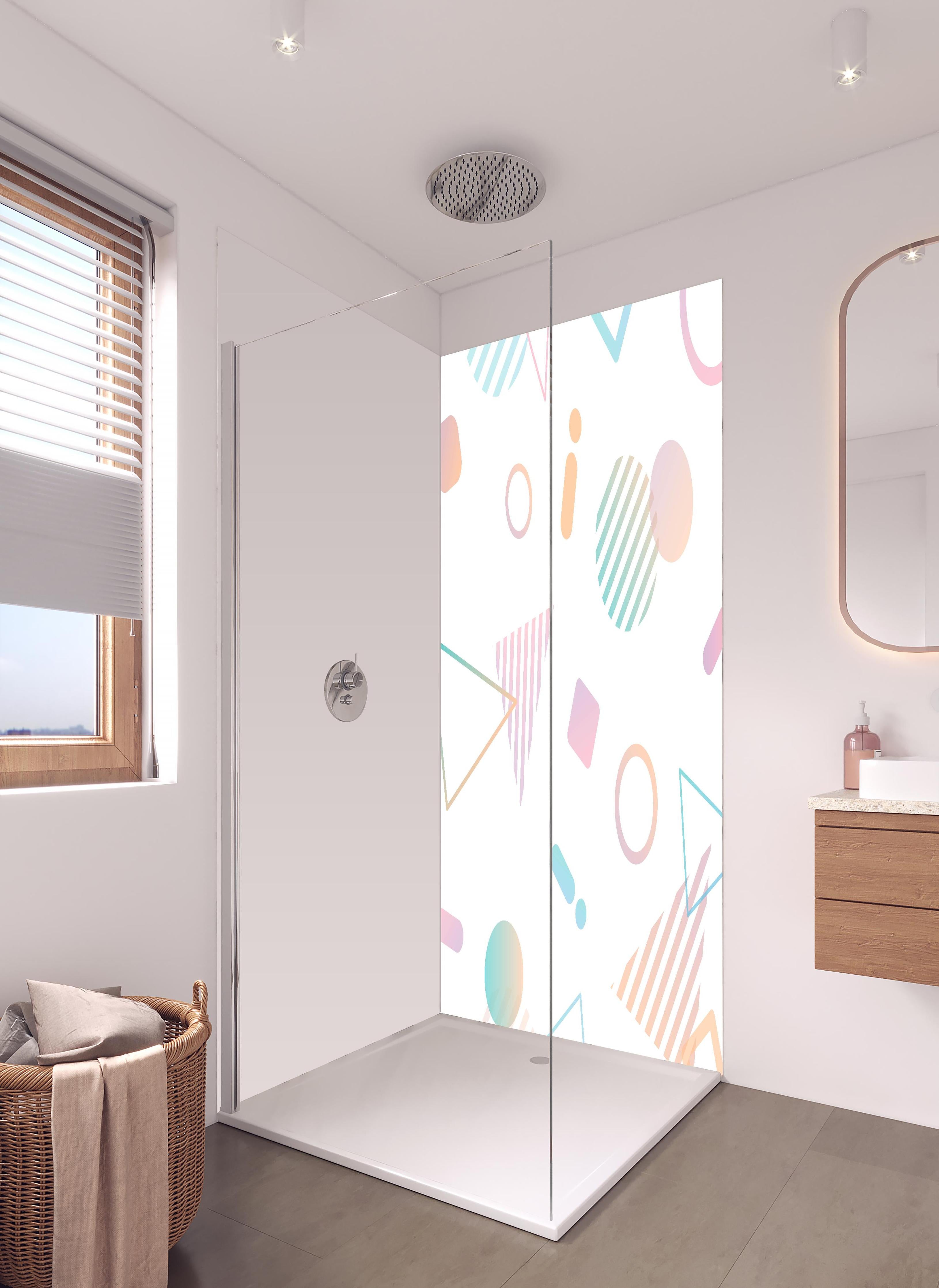 Duschrückwand - Trendiges Pastell Design mit geometrischen Formen in hellem Badezimmer mit Regenduschkopf - zweiteilige Eck-Duschrückwand