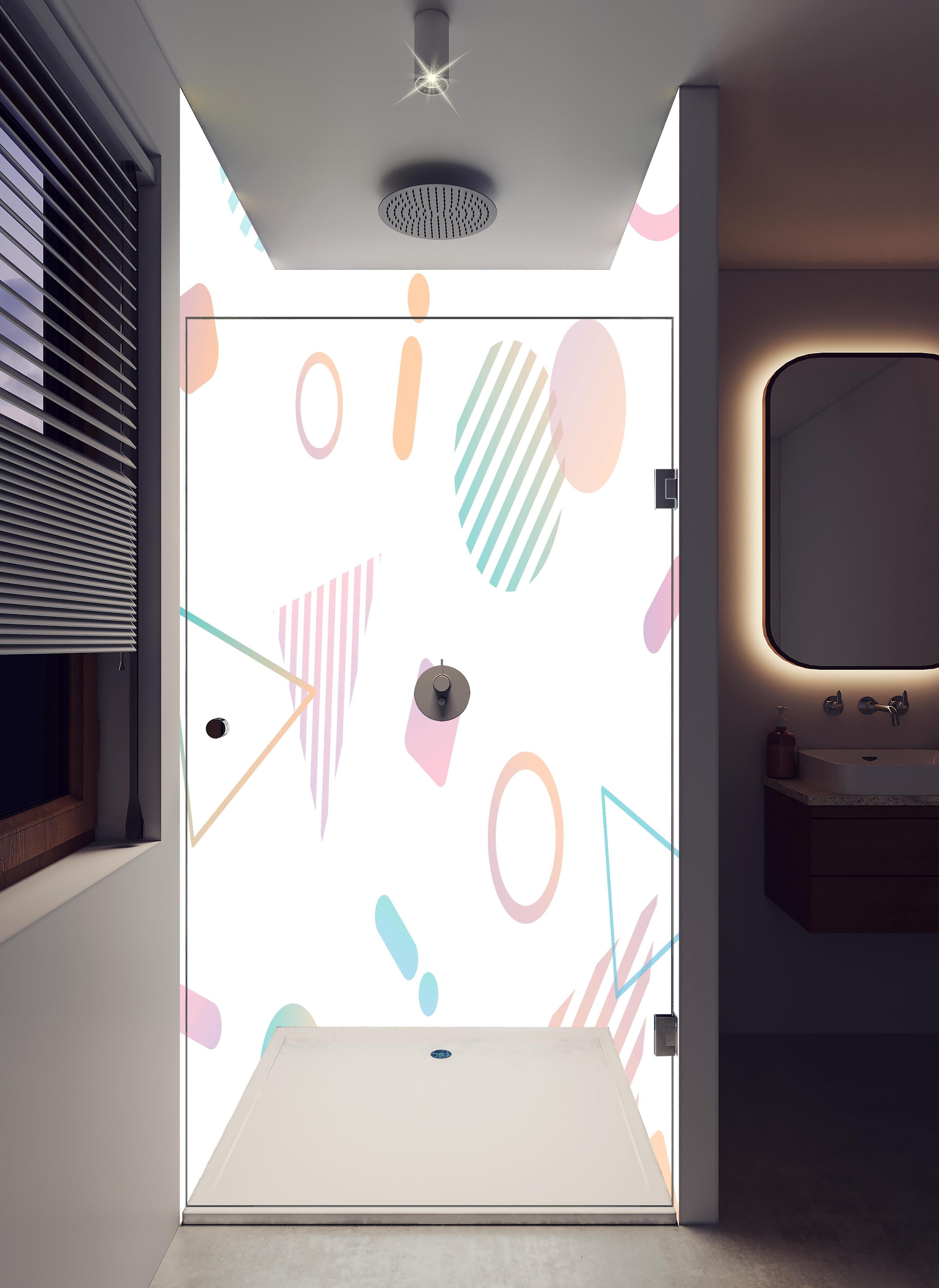Duschrückwand - Trendiges Pastell Design mit geometrischen Formen in hellem Badezimmer mit Regenduschkopf - zweiteilige Eck-Duschrückwand