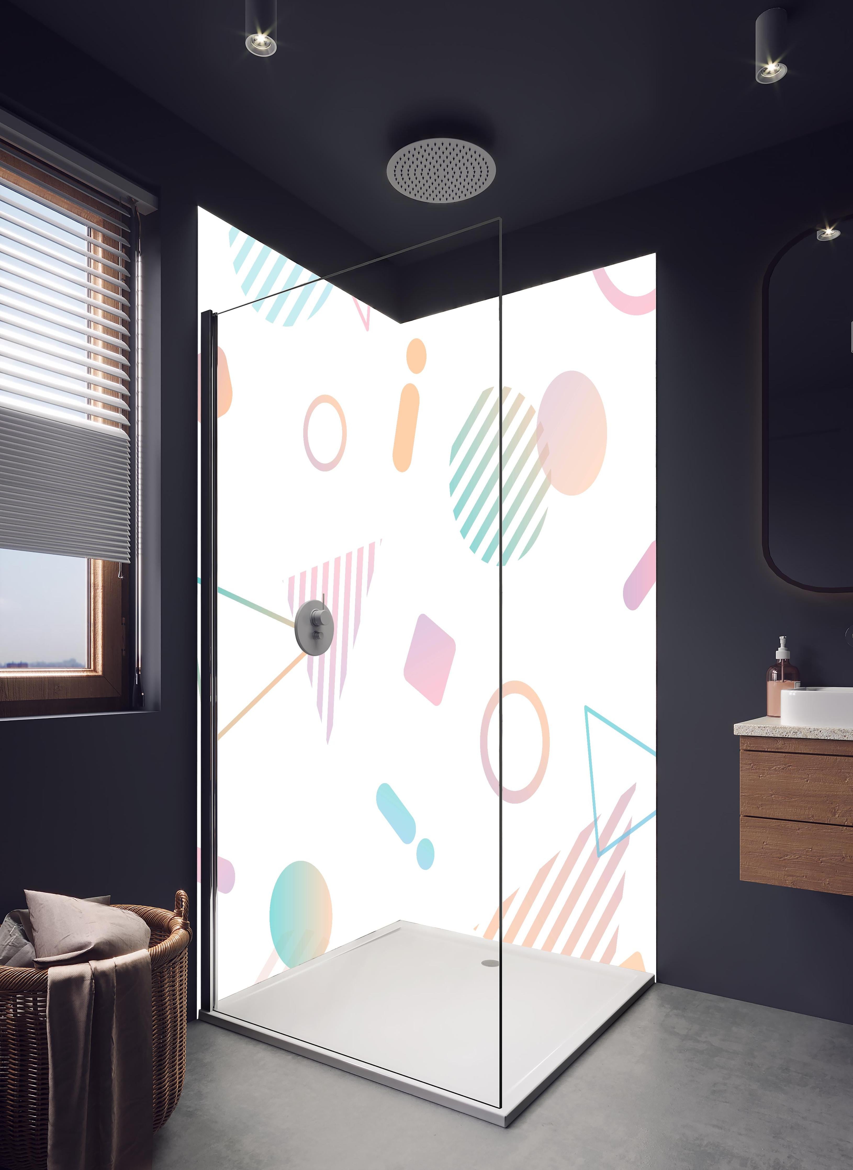 Duschrückwand - Trendiges Pastell Design mit geometrischen Formen in hellem Badezimmer mit Regenduschkopf - zweiteilige Eck-Duschrückwand