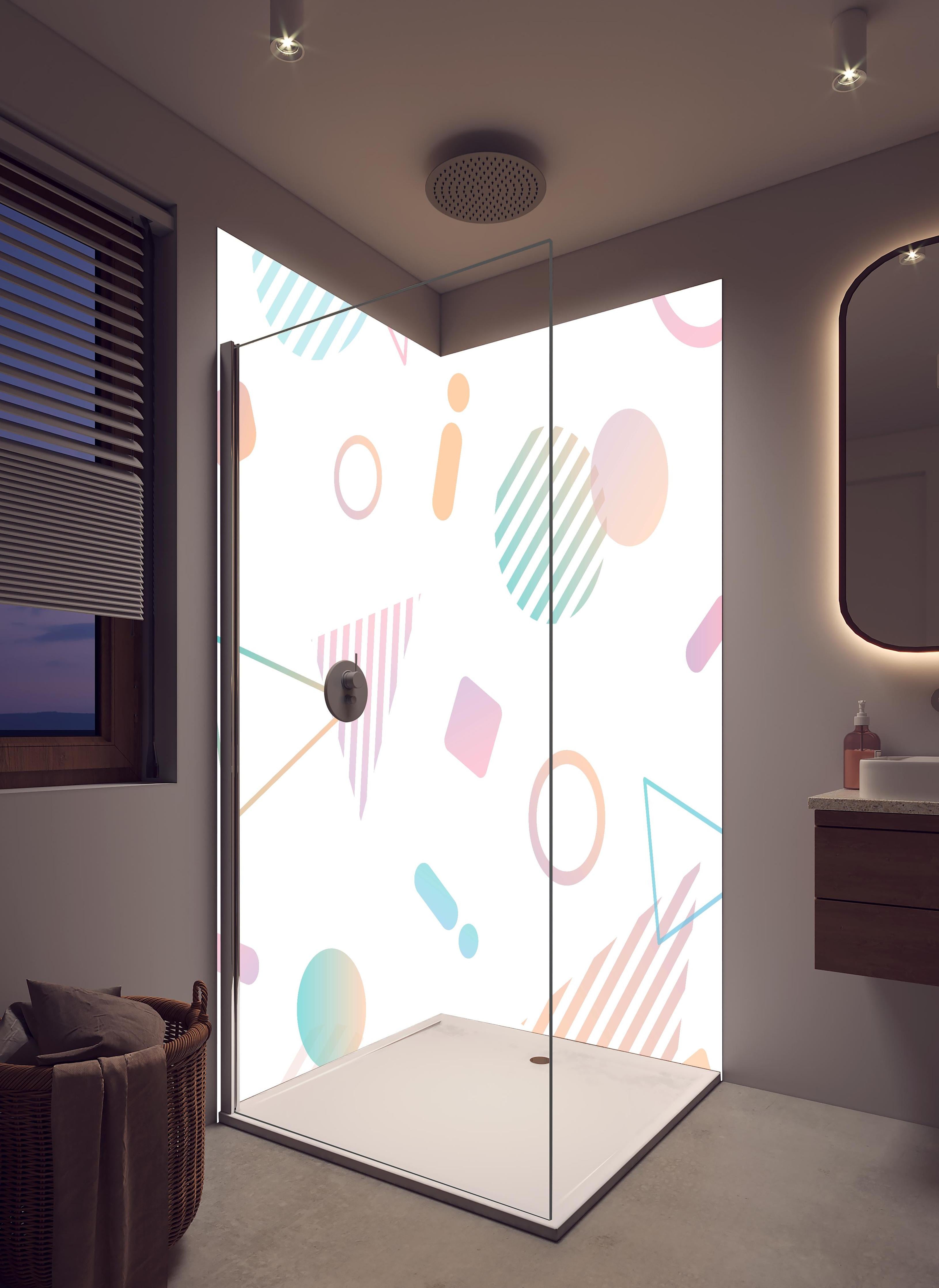 Duschrückwand - Trendiges Pastell Design mit geometrischen Formen in hellem Badezimmer mit Regenduschkopf - zweiteilige Eck-Duschrückwand