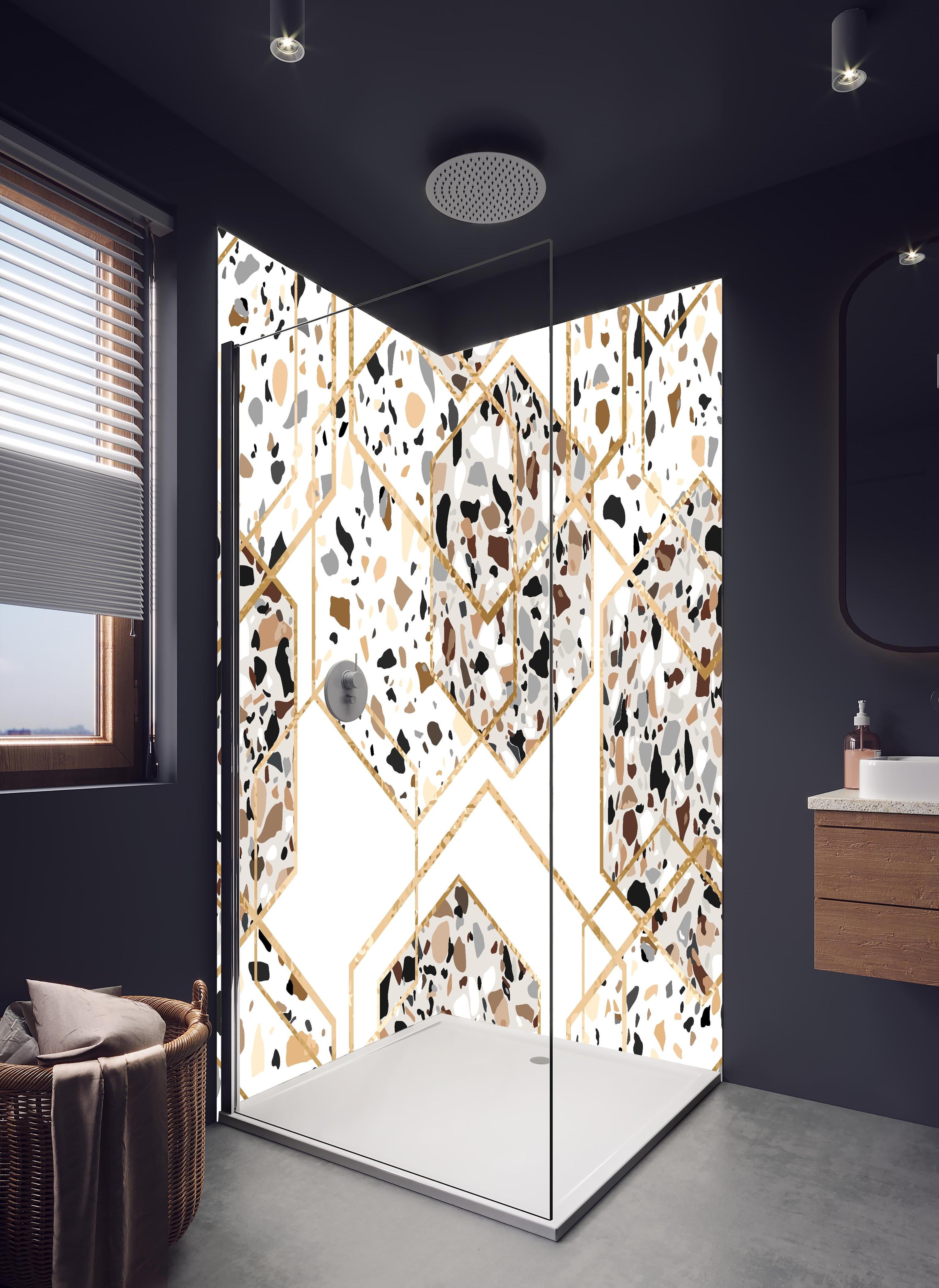 Duschrückwand - Trendiges Terrazzo-Muster mit Goldakzenten in hellem Badezimmer mit Regenduschkopf - zweiteilige Eck-Duschrückwand