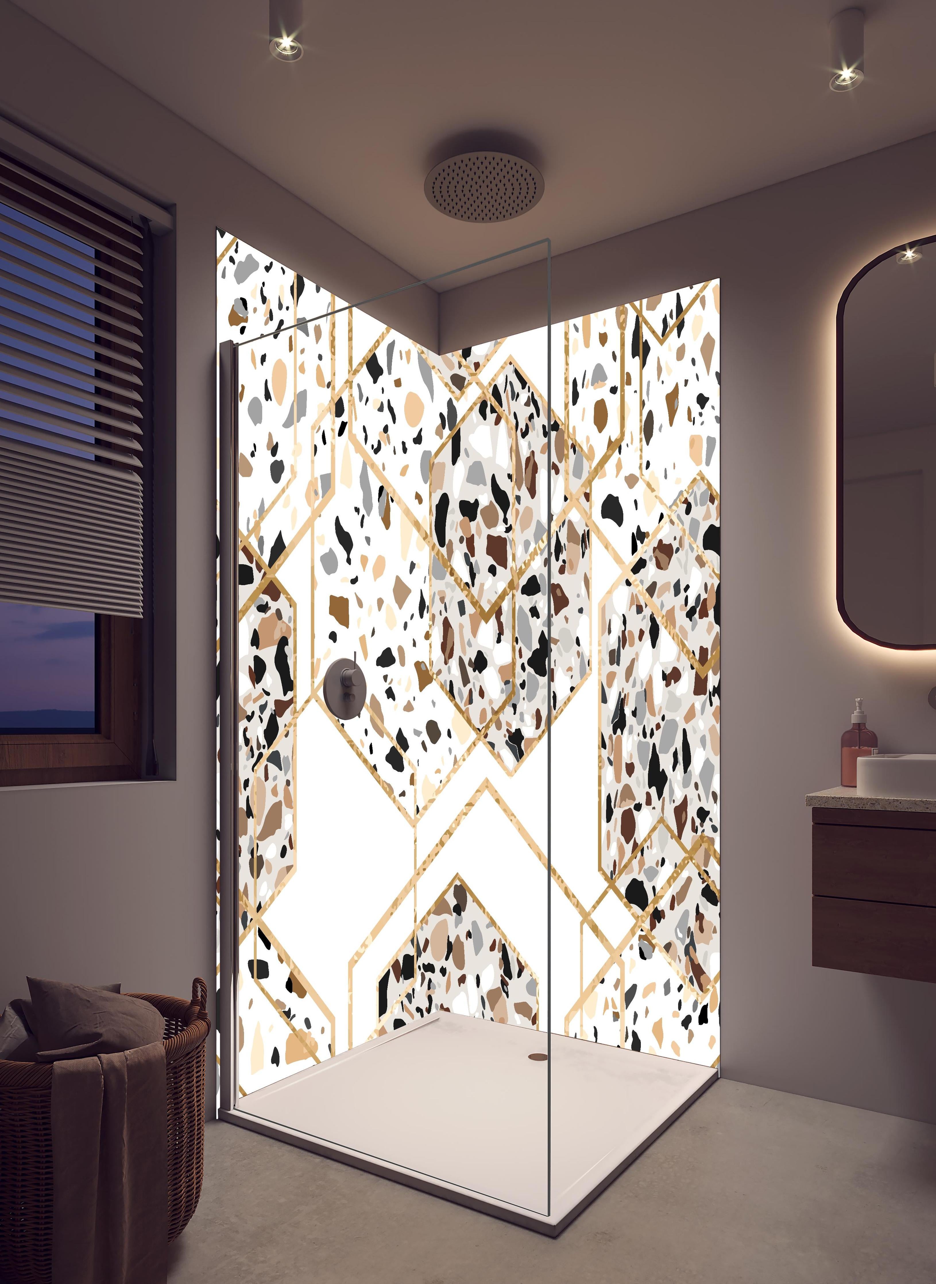 Duschrückwand - Trendiges Terrazzo-Muster mit Goldakzenten in hellem Badezimmer mit Regenduschkopf - zweiteilige Eck-Duschrückwand