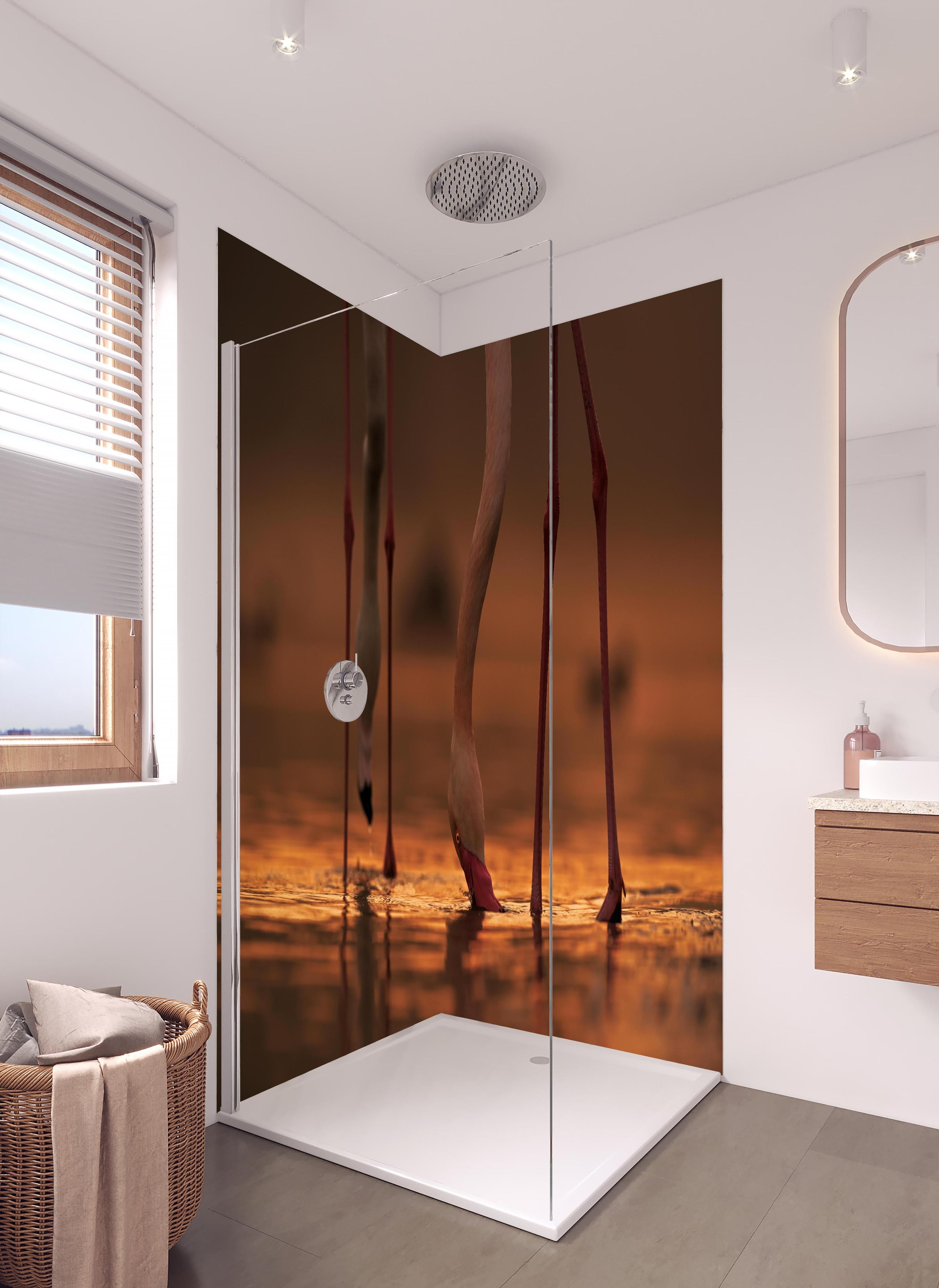 Duschrückwand - Trinkende Flamingos in hellem Badezimmer mit Regenduschkopf - zweiteilige Eck-Duschrückwand