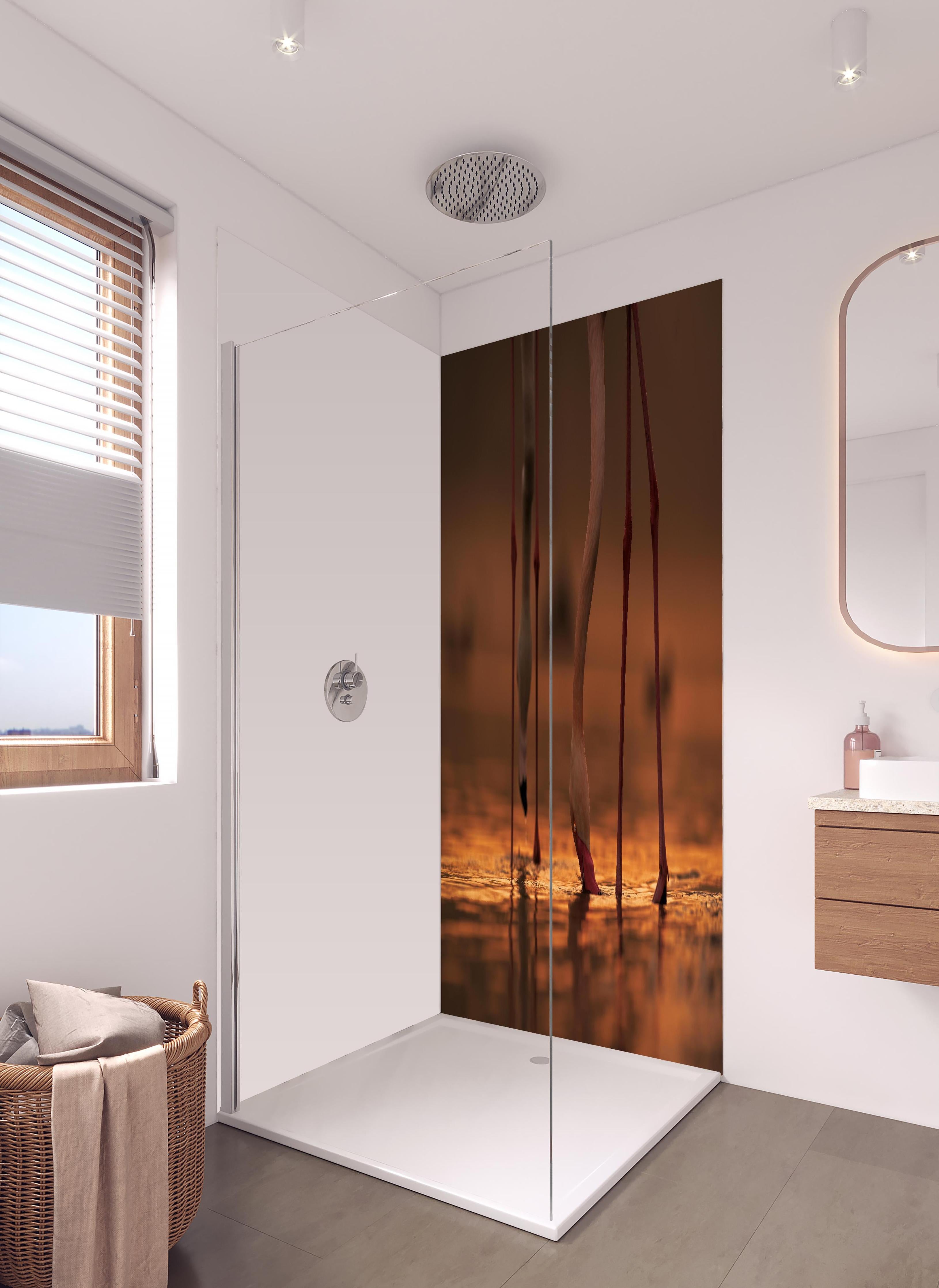 Duschrückwand - Trinkende Flamingos in hellem Badezimmer mit Regenduschkopf - zweiteilige Eck-Duschrückwand