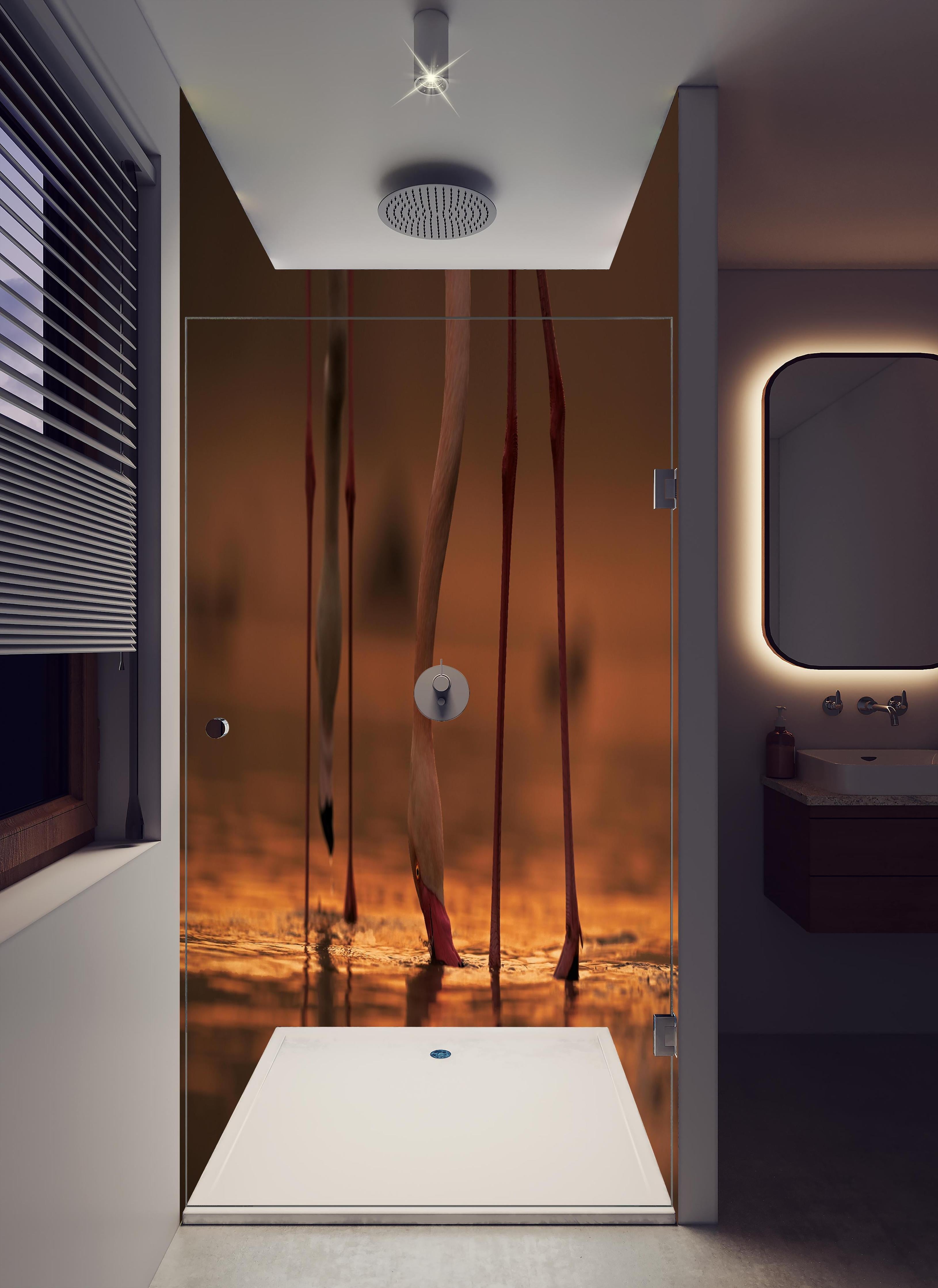 Duschrückwand - Trinkende Flamingos in hellem Badezimmer mit Regenduschkopf - zweiteilige Eck-Duschrückwand