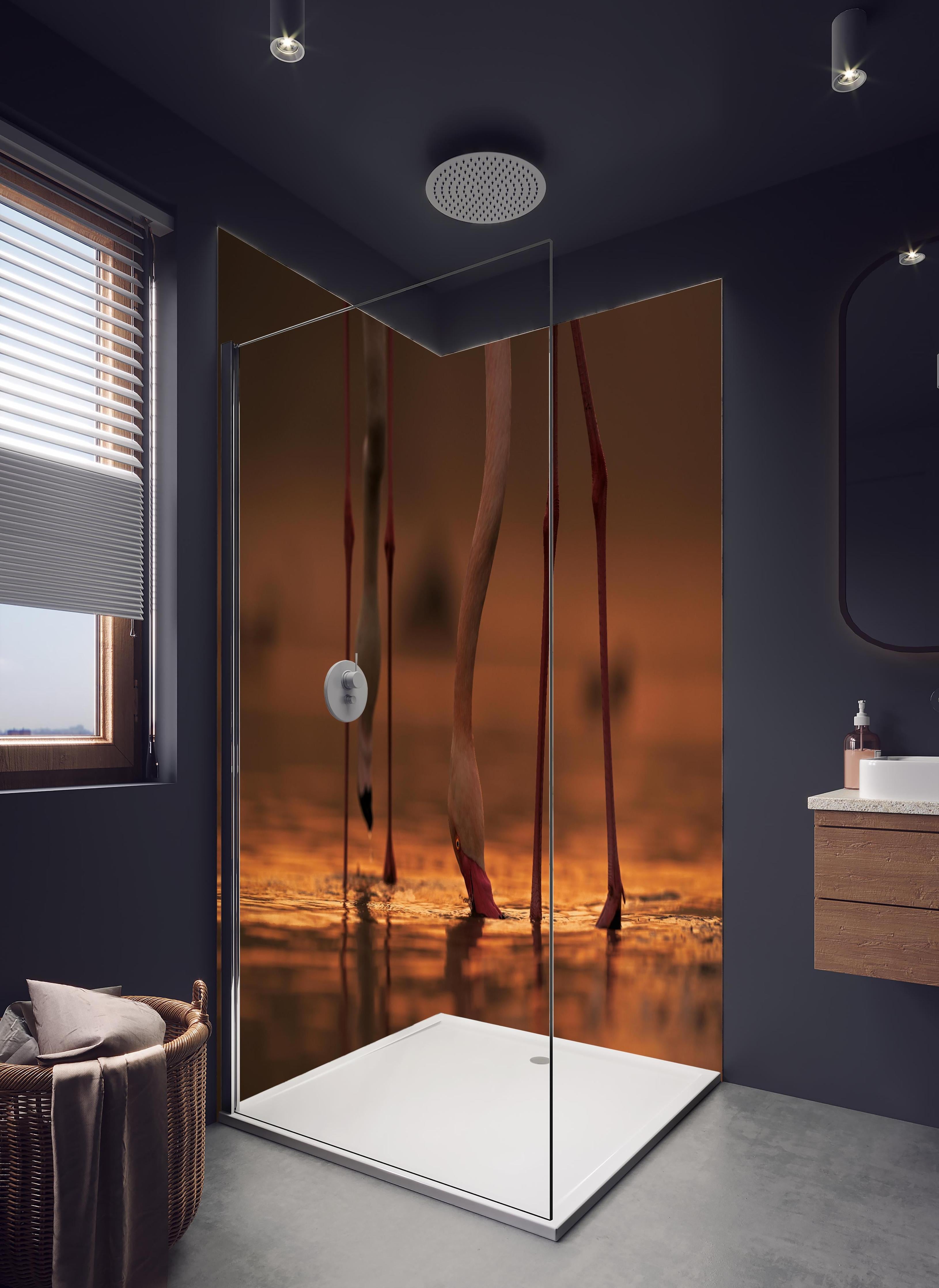 Duschrückwand - Trinkende Flamingos in hellem Badezimmer mit Regenduschkopf - zweiteilige Eck-Duschrückwand