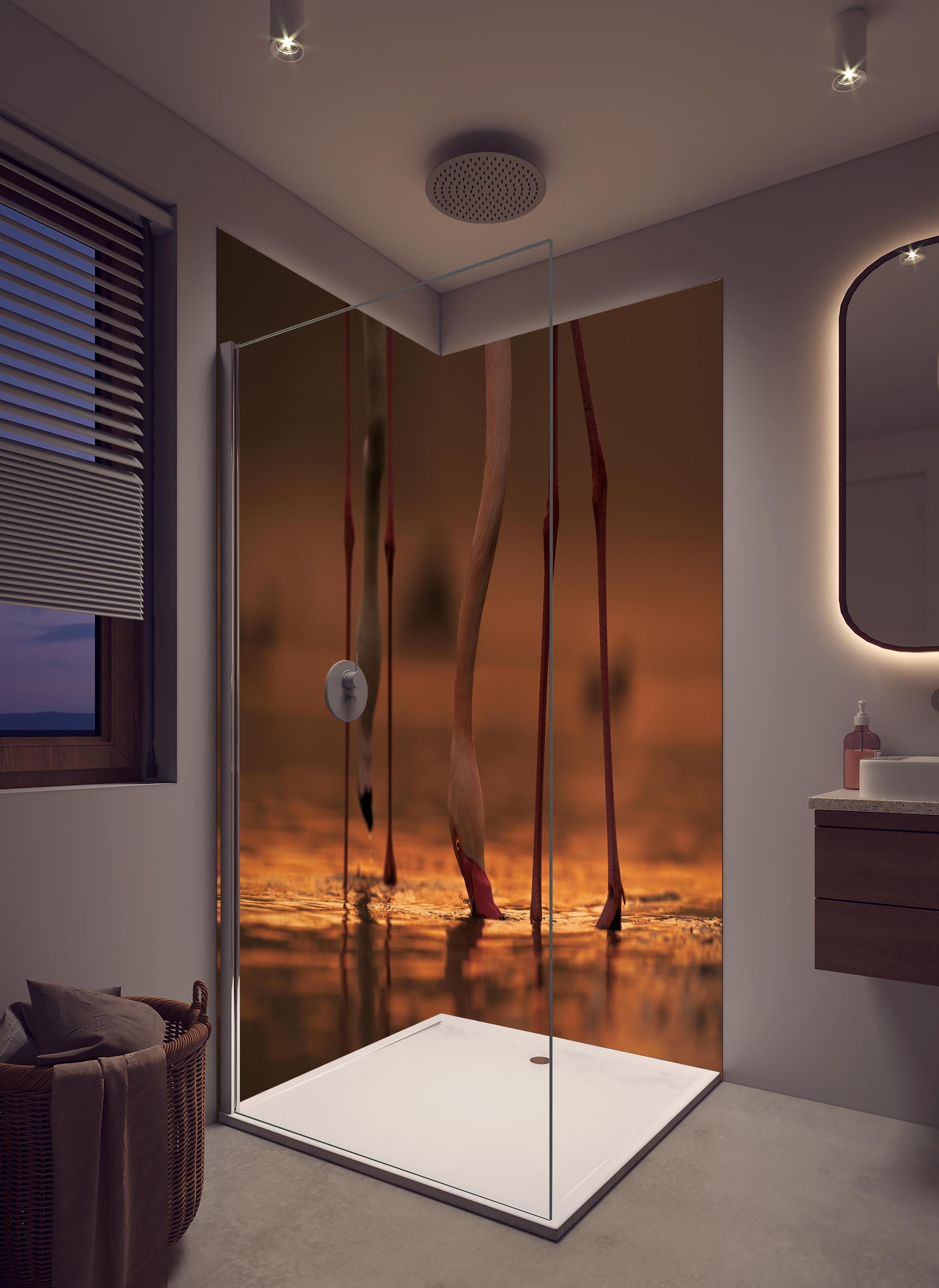 Duschrückwand - Trinkende Flamingos in hellem Badezimmer mit Regenduschkopf - zweiteilige Eck-Duschrückwand