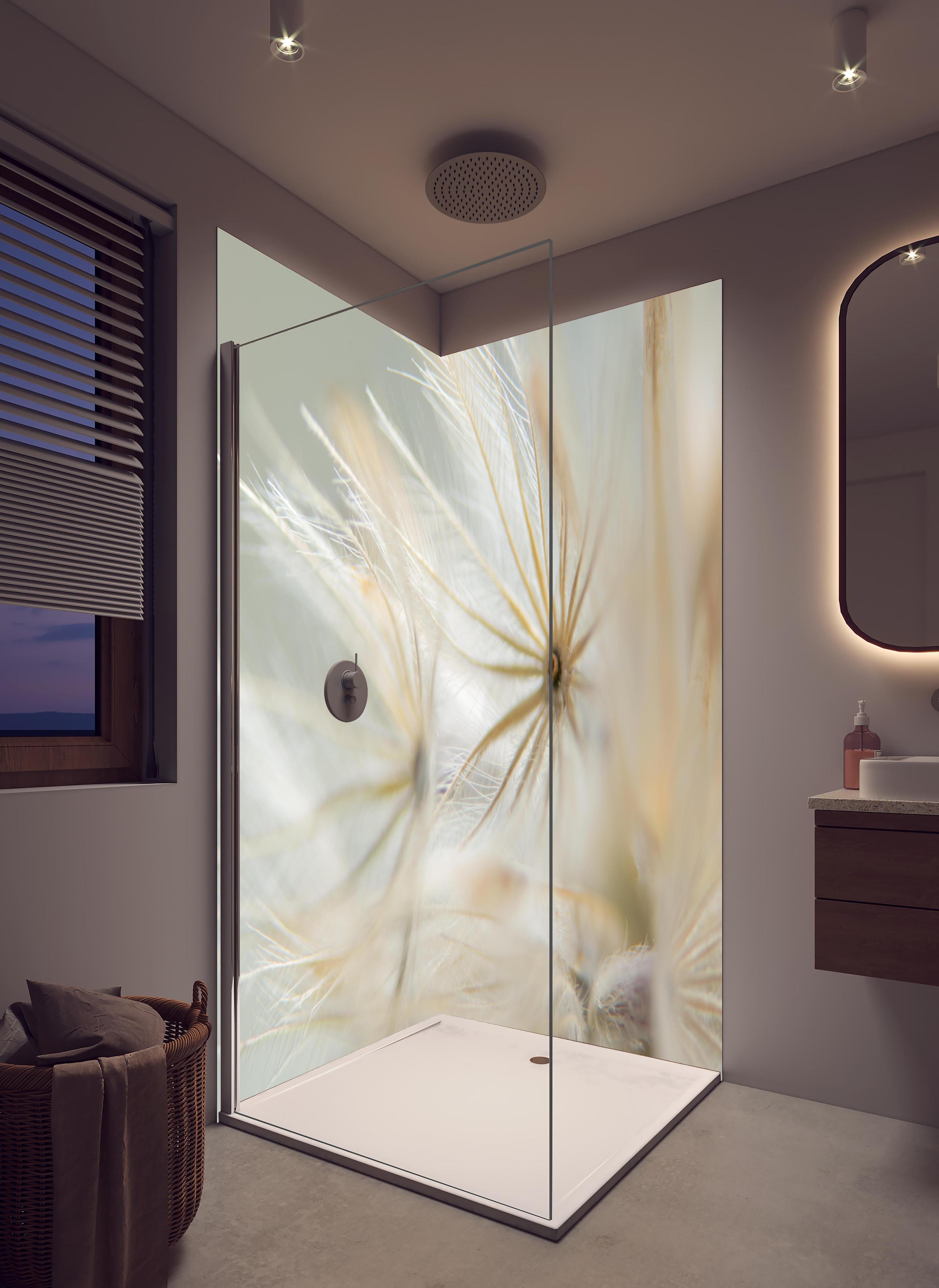 Duschrückwand - Trockene Wildblumen - Nahaufnahme in hellem Badezimmer mit Regenduschkopf - zweiteilige Eck-Duschrückwand