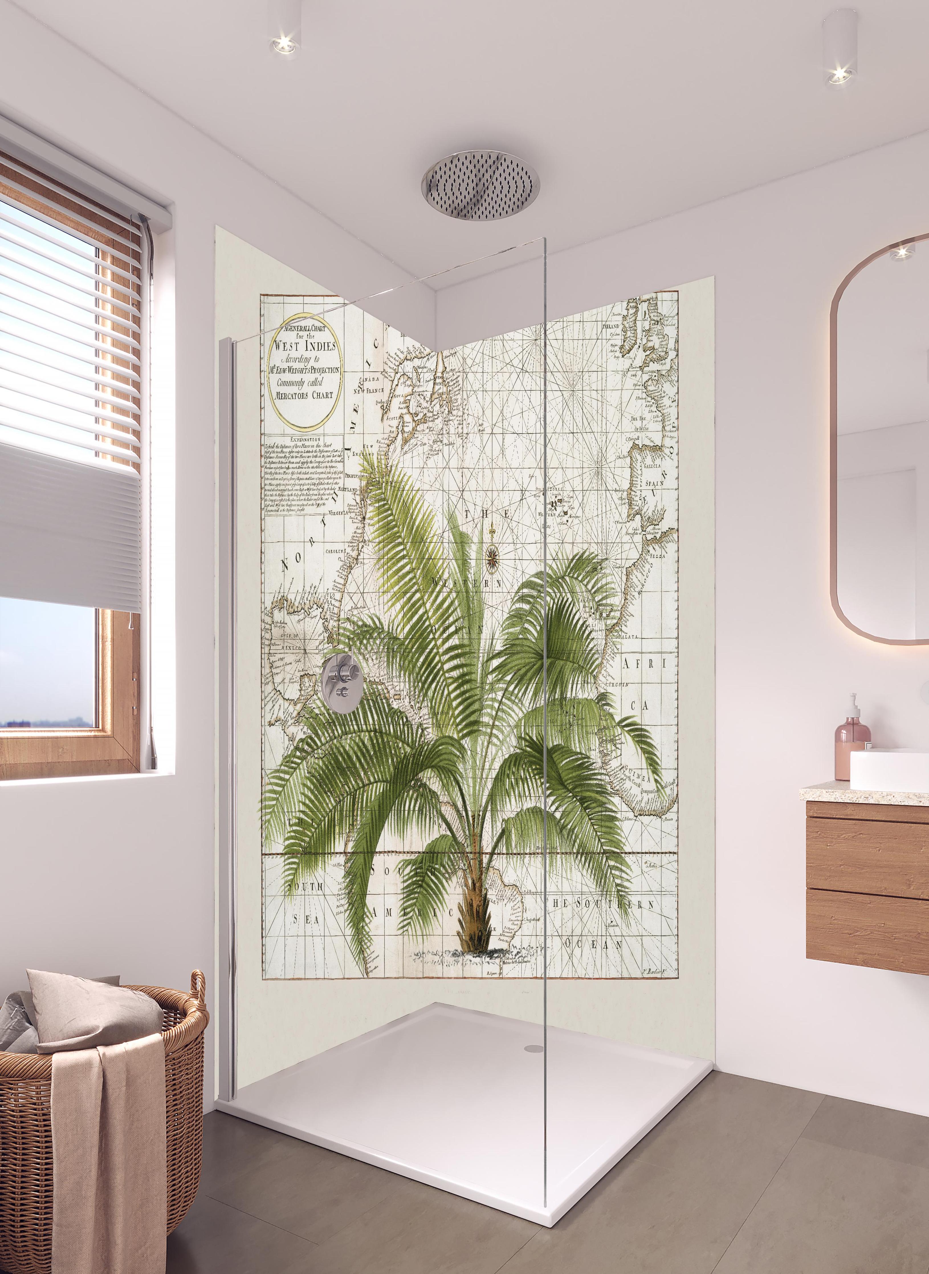 Duschrückwand - Tropical Empire No1 in hellem Badezimmer mit Regenduschkopf - zweiteilige Eck-Duschrückwand