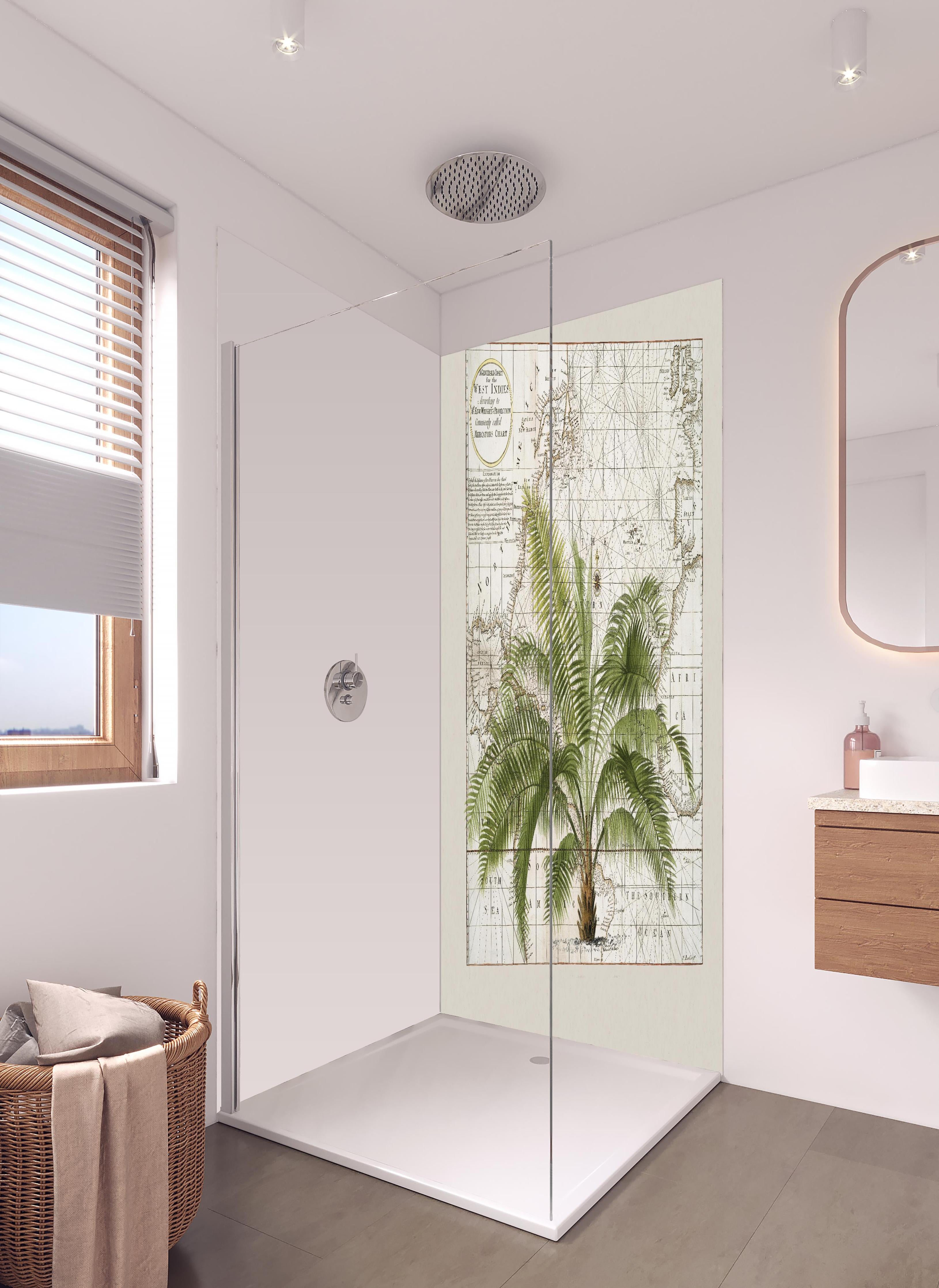 Duschrückwand - Tropical Empire No1 in hellem Badezimmer mit Regenduschkopf - zweiteilige Eck-Duschrückwand