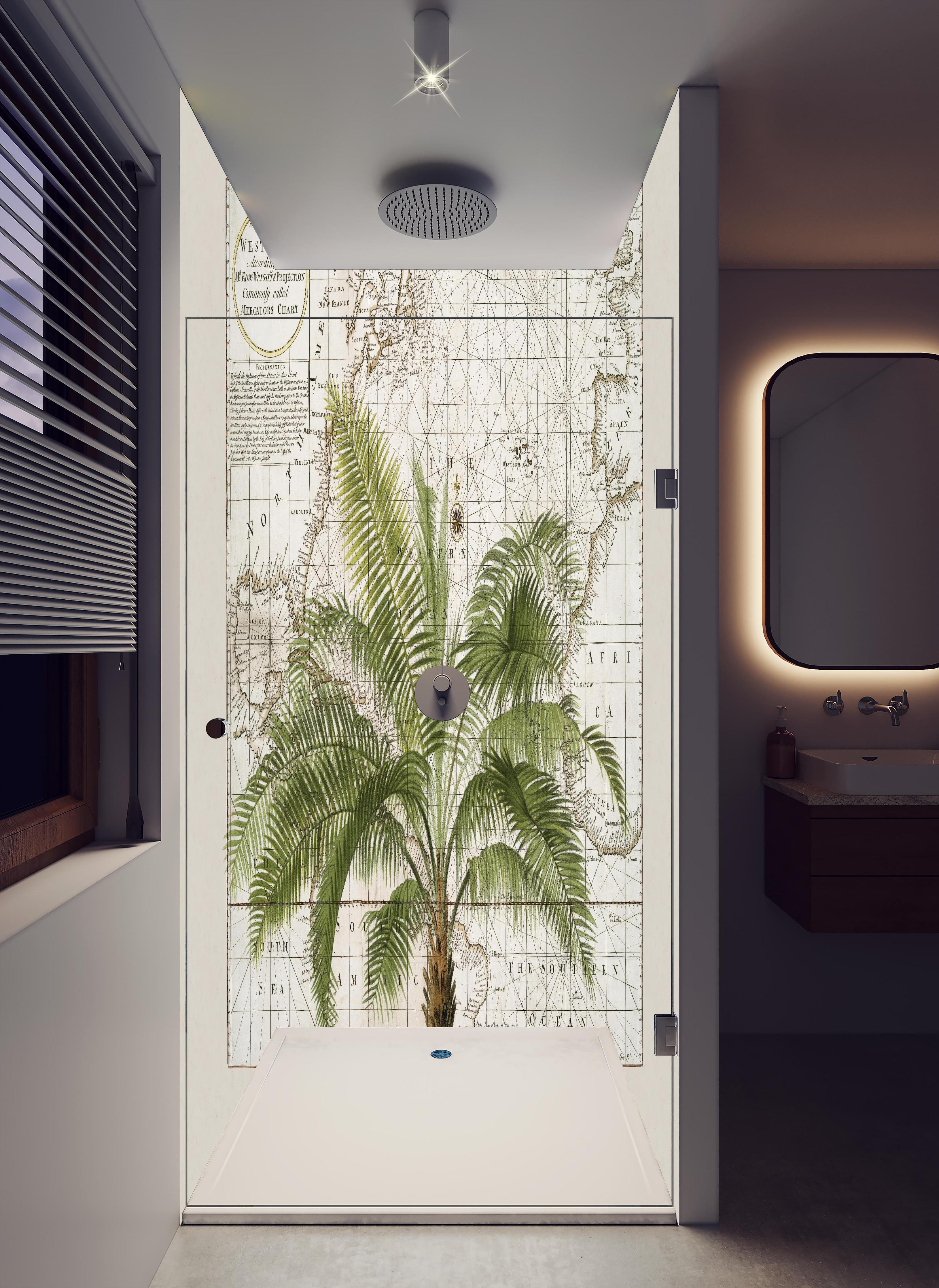 Duschrückwand - Tropical Empire No1 in hellem Badezimmer mit Regenduschkopf - zweiteilige Eck-Duschrückwand