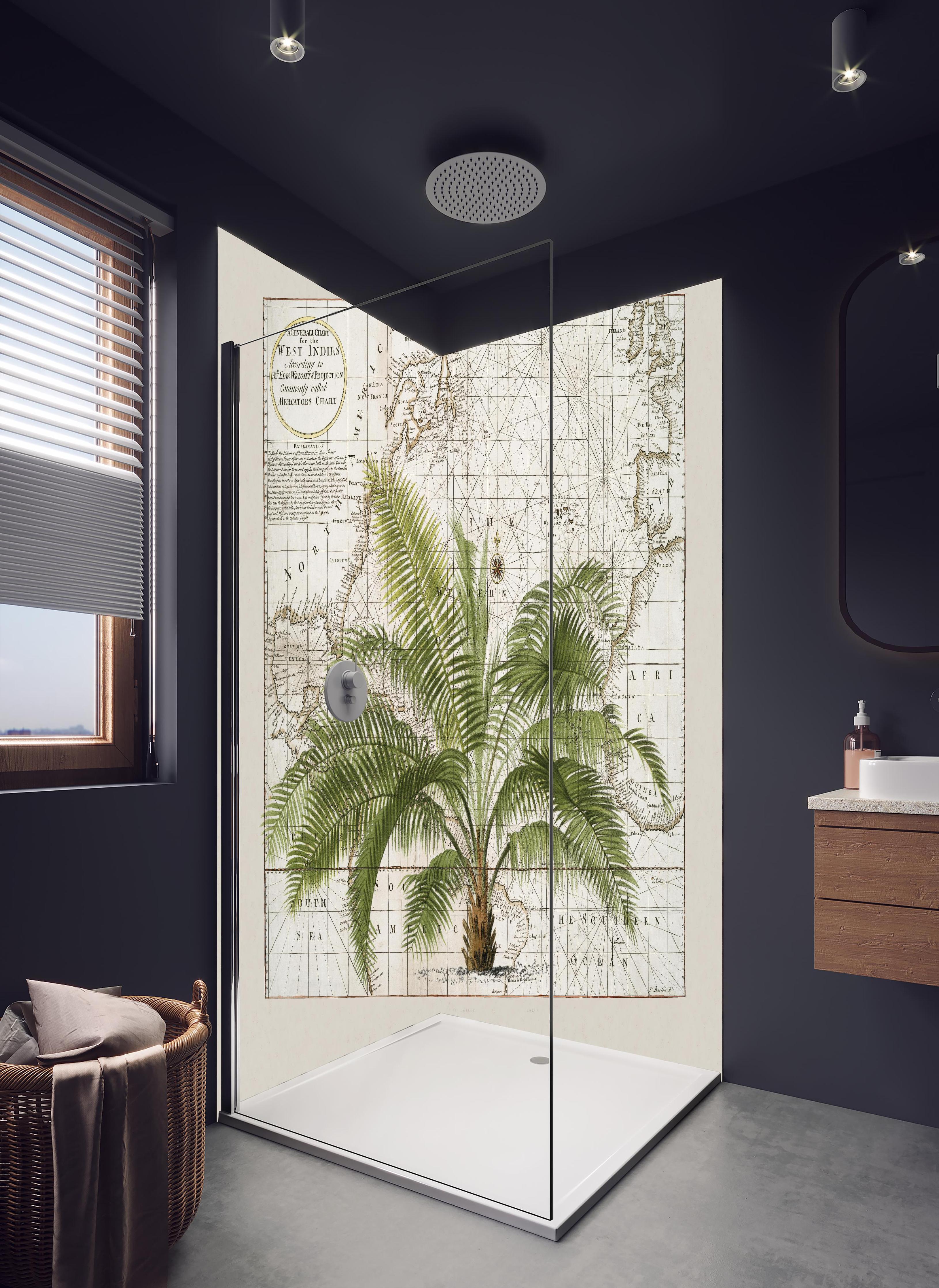 Duschrückwand - Tropical Empire No1 in hellem Badezimmer mit Regenduschkopf - zweiteilige Eck-Duschrückwand