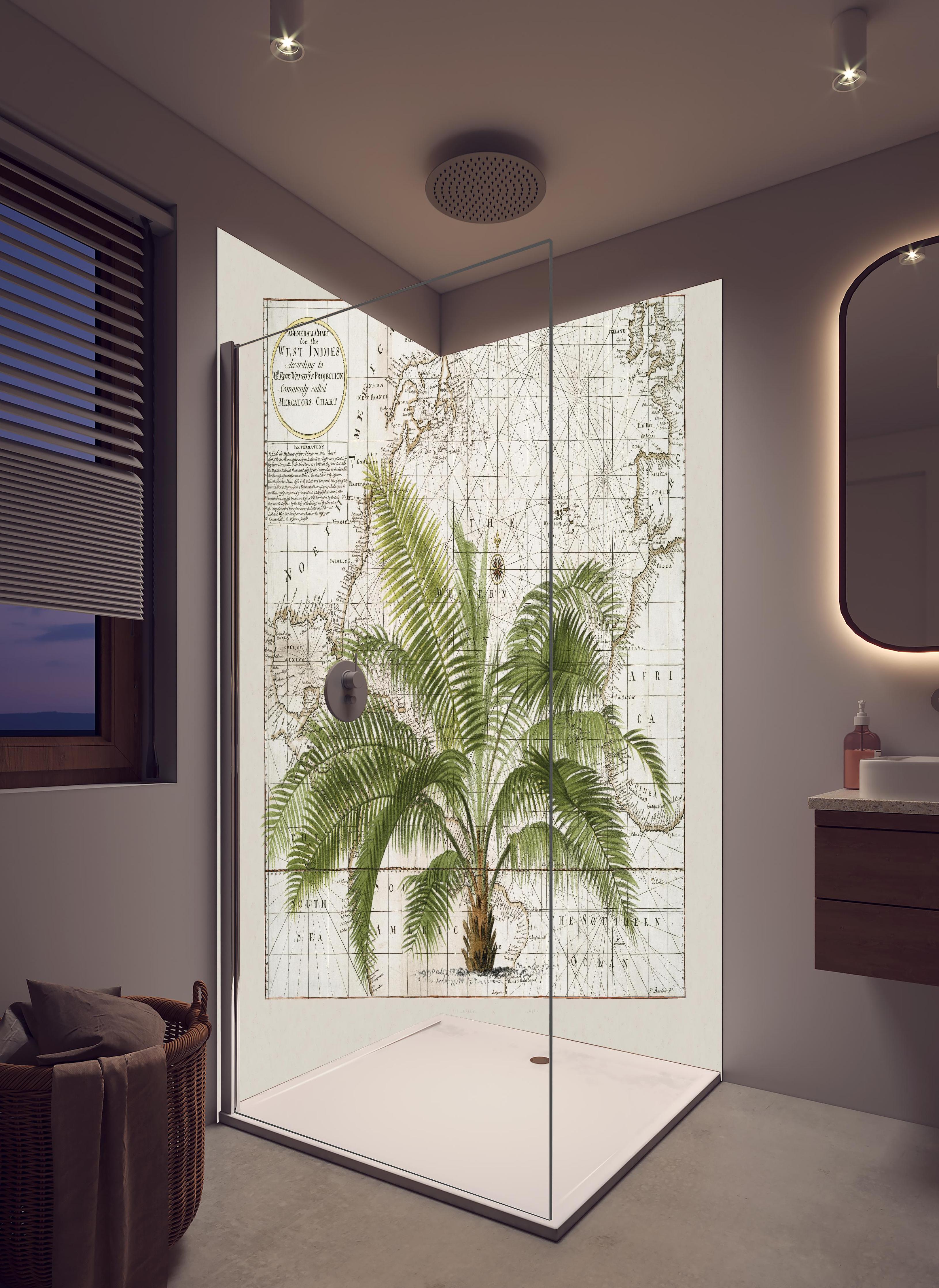 Duschrückwand - Tropical Empire No1 in hellem Badezimmer mit Regenduschkopf - zweiteilige Eck-Duschrückwand